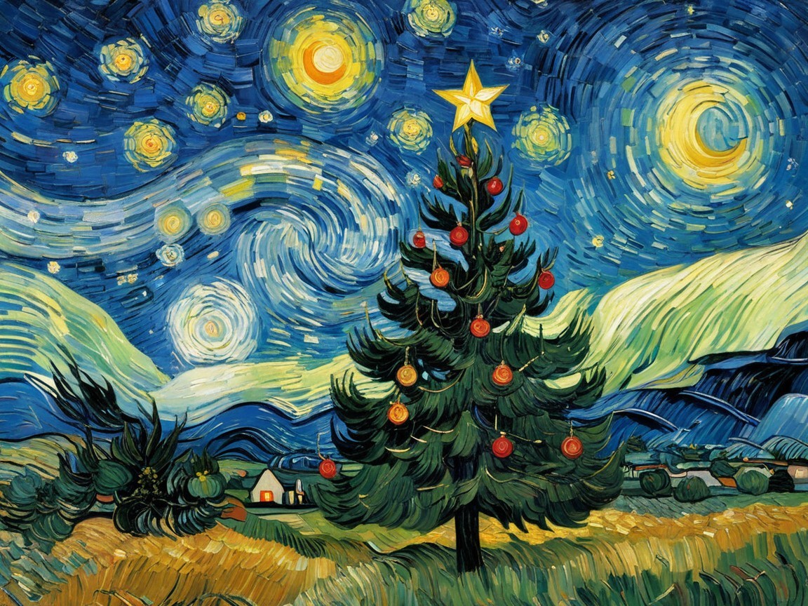 Christmas Tree Under a Starry Night Sky Painting