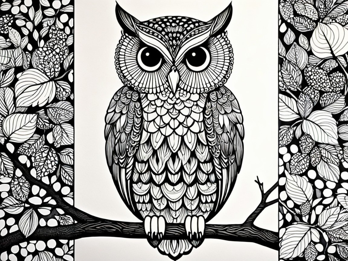 Detailed Black and White Illustration of an Owl