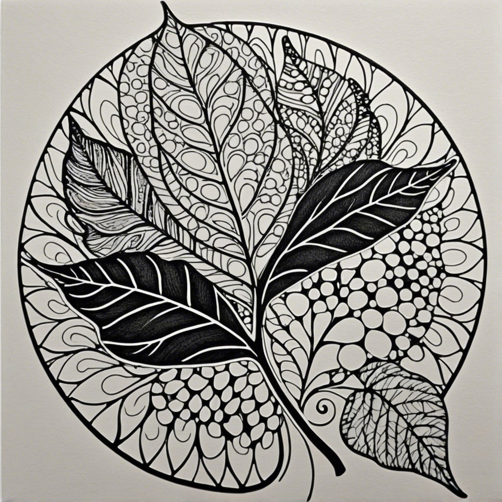 Intricate Black-and-White Leaf Illustration in Circle