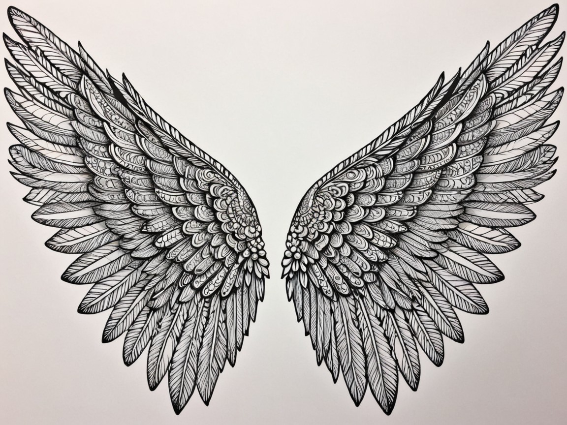 Detailed Illustration of Two Angelic Wings in Black and White