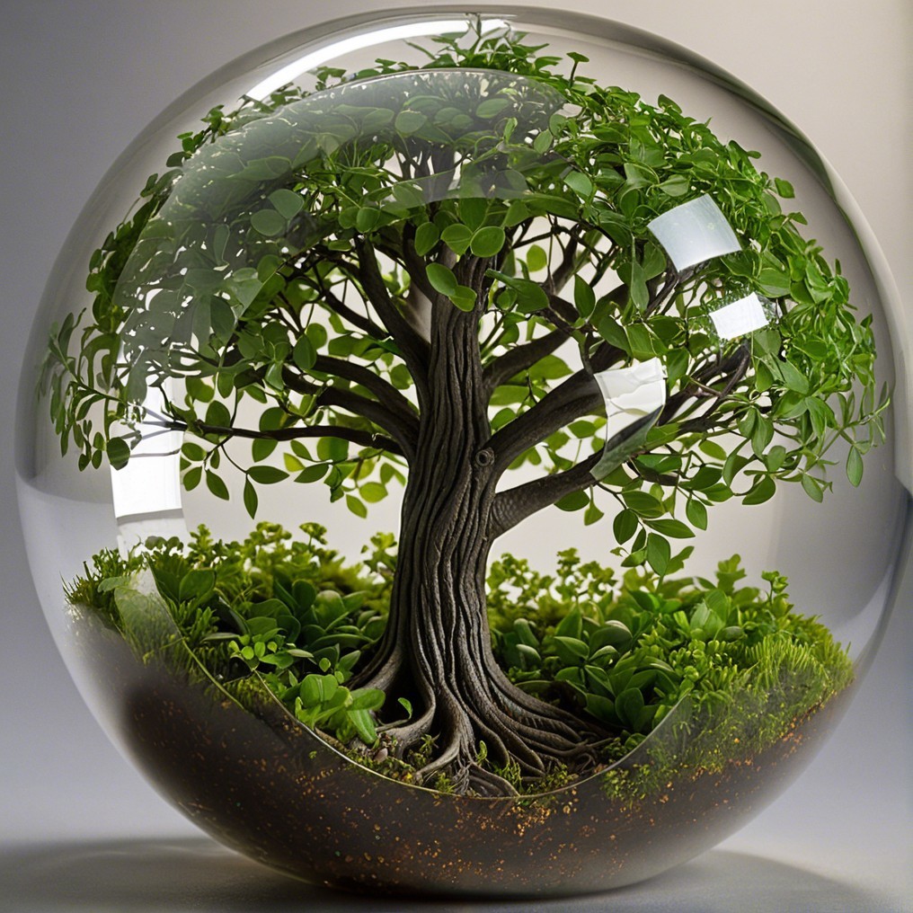 Miniature Tree in Glass Sphere with Lush Ecosystem