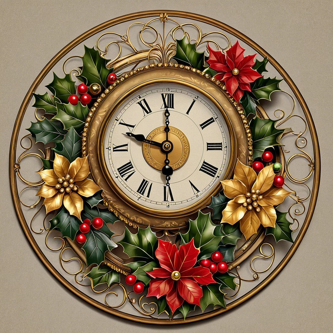 Ornate Gold Embossed Clock with Holly and Poinsettias