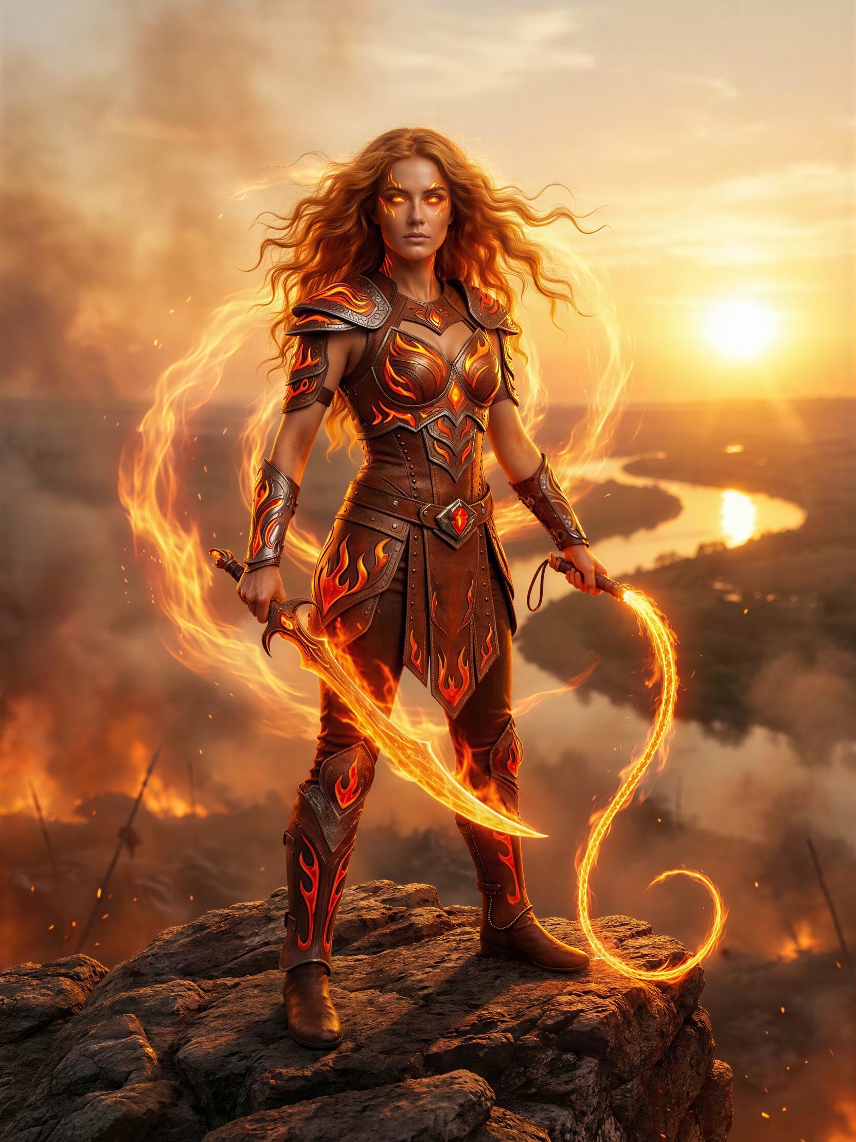 Warrior Woman in Fiery Armor on Rocky Outcrop