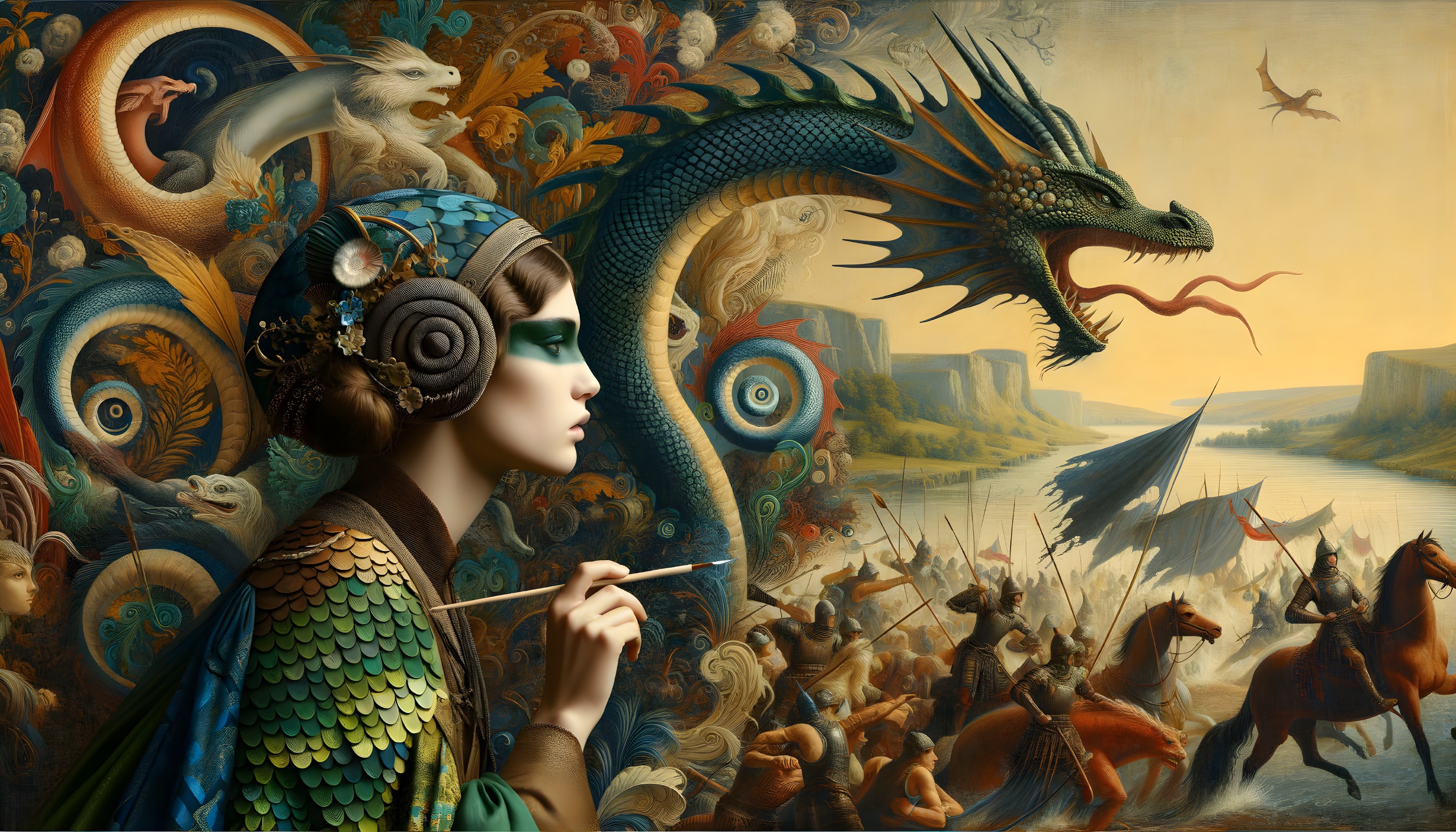 Woman in Scaled Attire Facing a Dragon Amid Battle