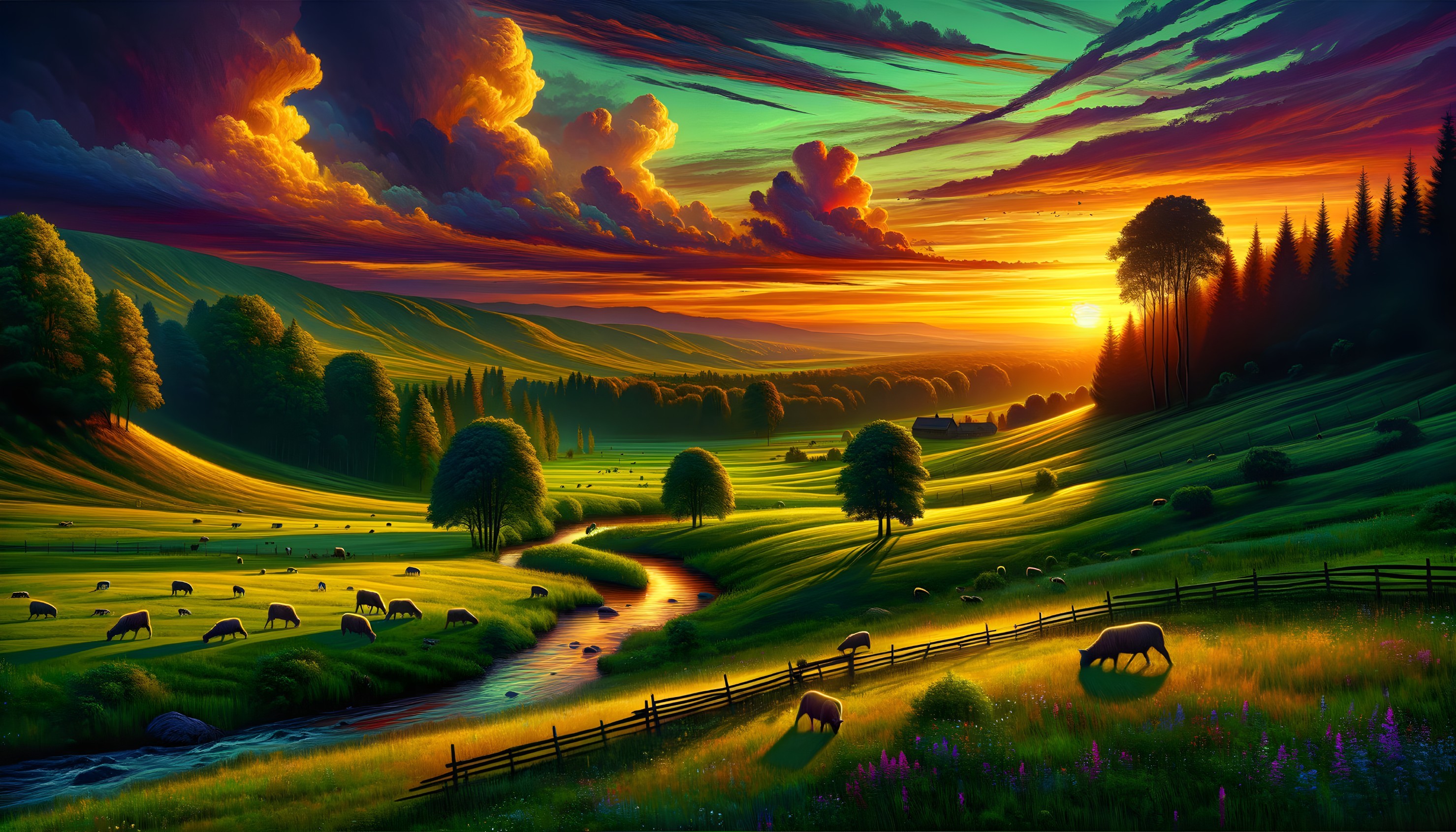 Vibrant Sunset Over Rolling Hills and a Winding River