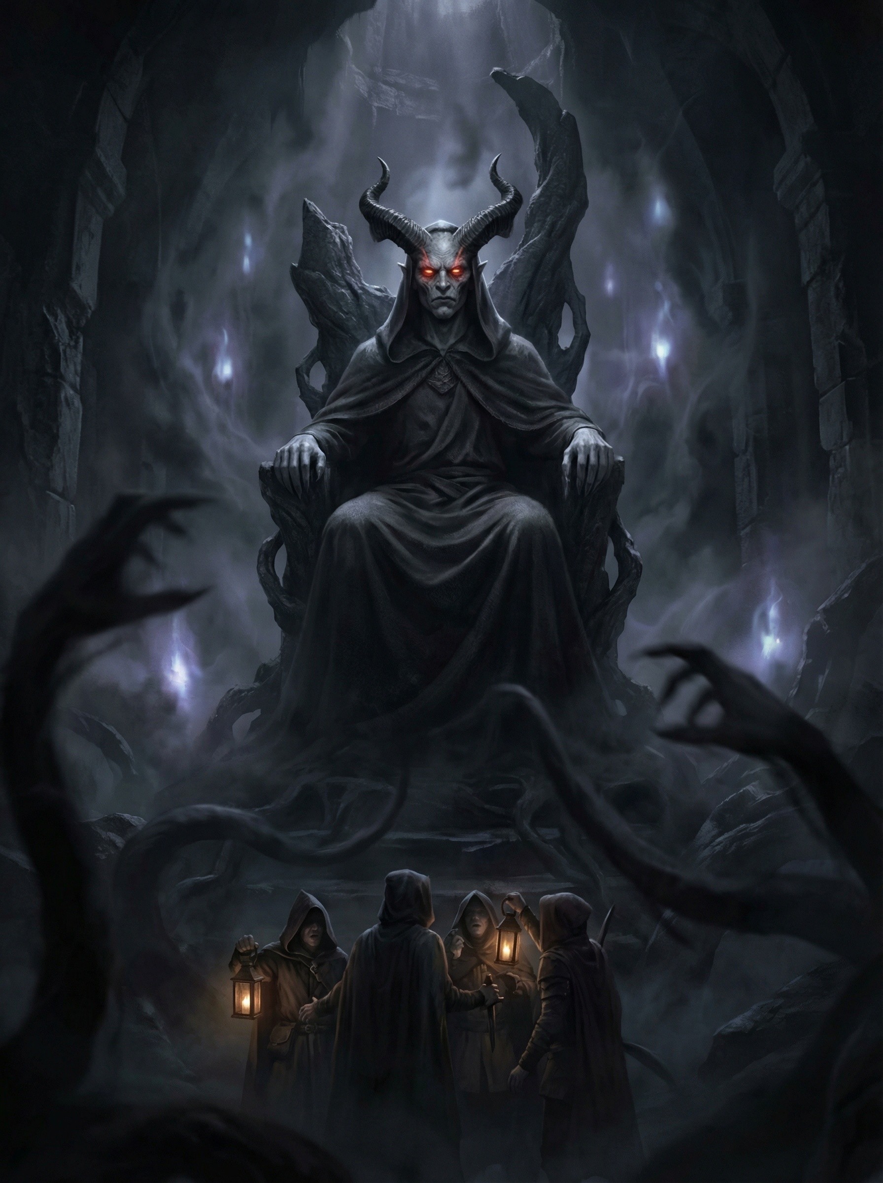 Evil King on Throne in Dark Cave with Hooded Figures