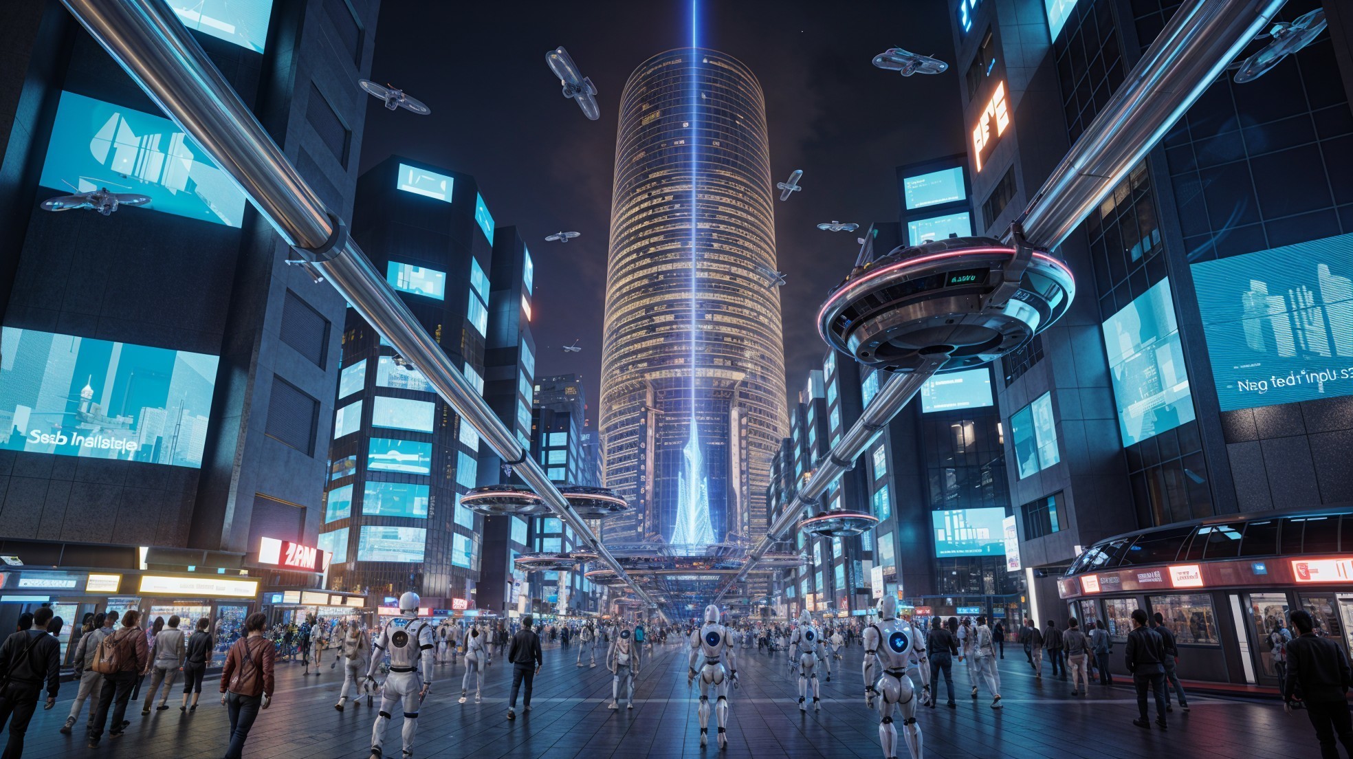 Futuristic Urban Landscape with Neon Lights and Robots