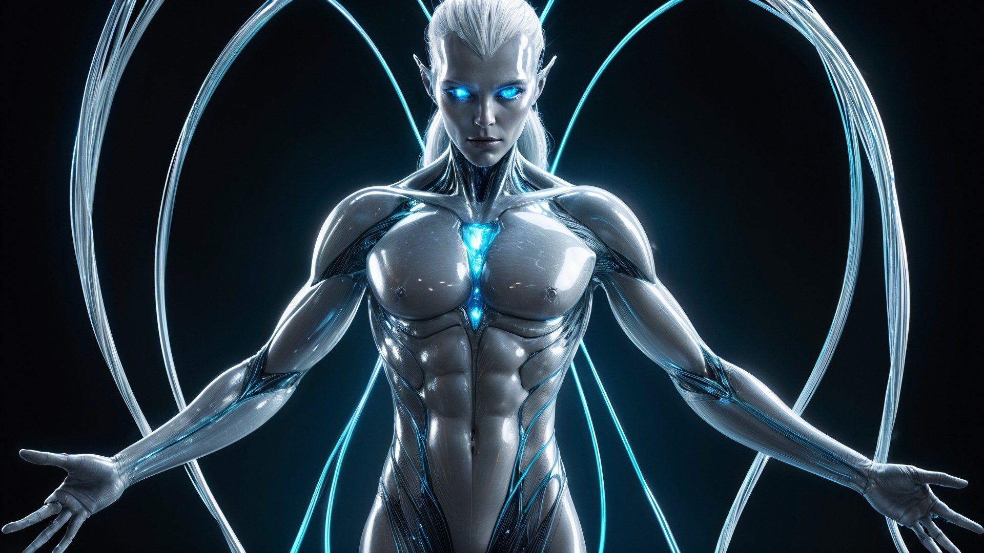 Futuristic Humanoid Figure with Metallic Body and Lights
