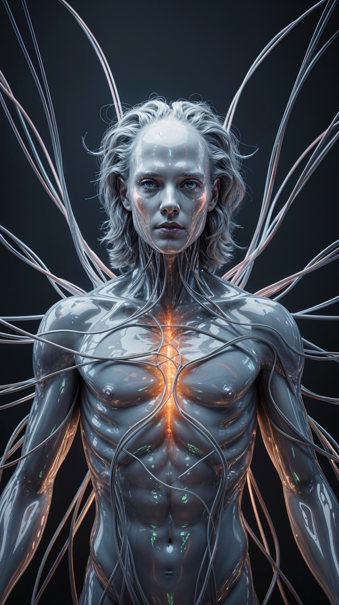 Futuristic humanoid figure with metallic skin and glowing circuits