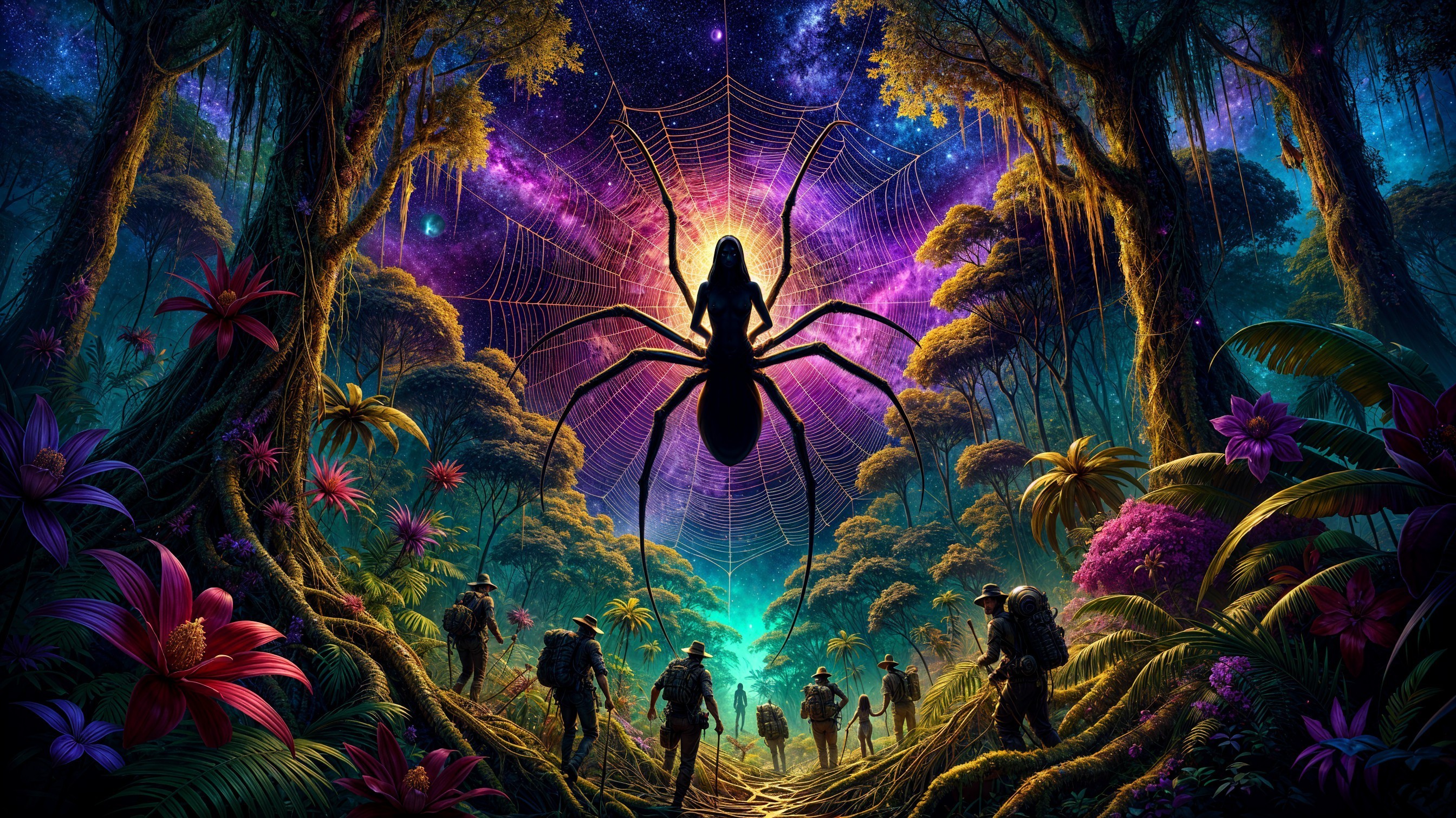 Giant Spider and Cosmic Web in Mystical Jungle Scene