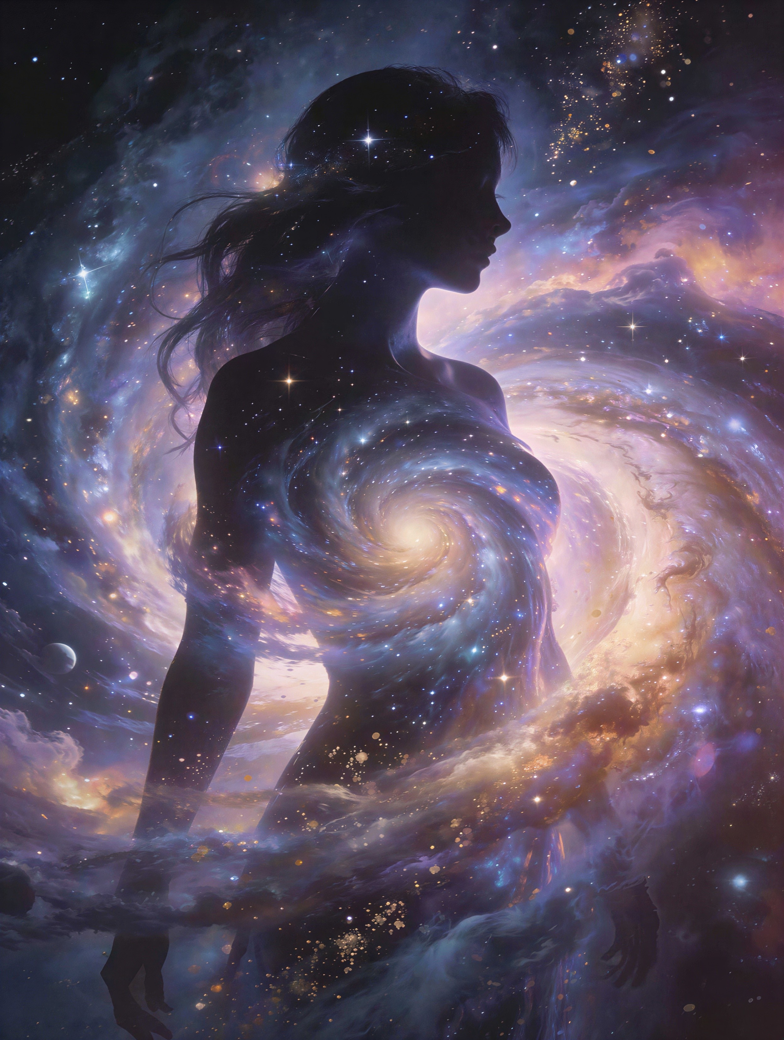 Celestial Woman Silhouette in Cosmic Space Background
