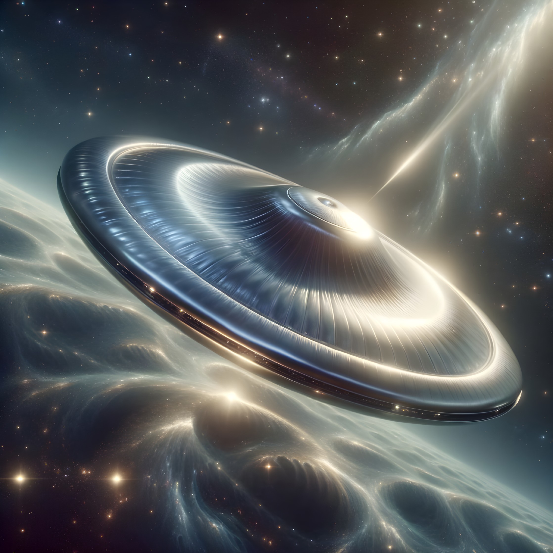 Sleek Metallic UFO Hovers in Cosmic Space Scene