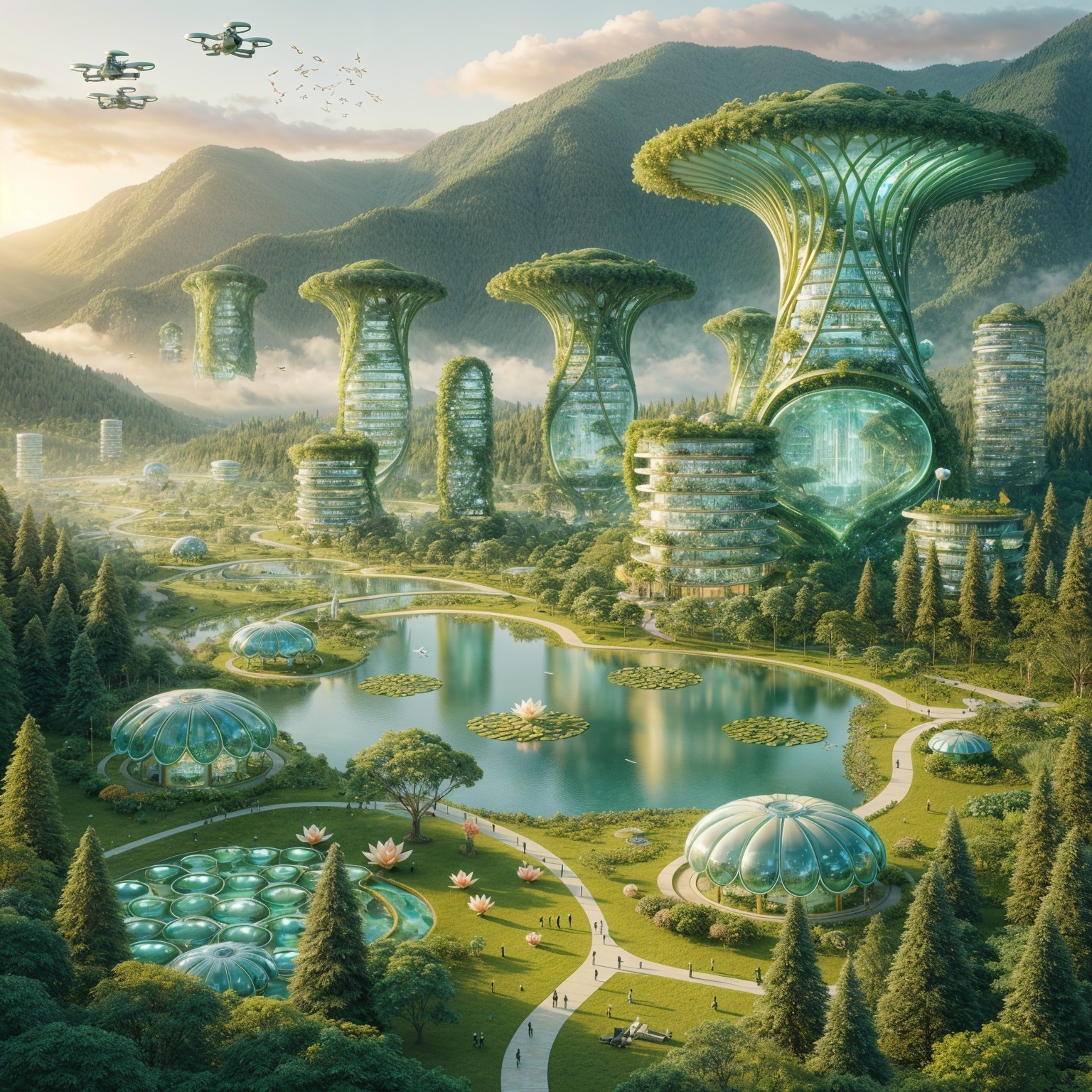 Futuristic Landscape with Glass Structures and Nature