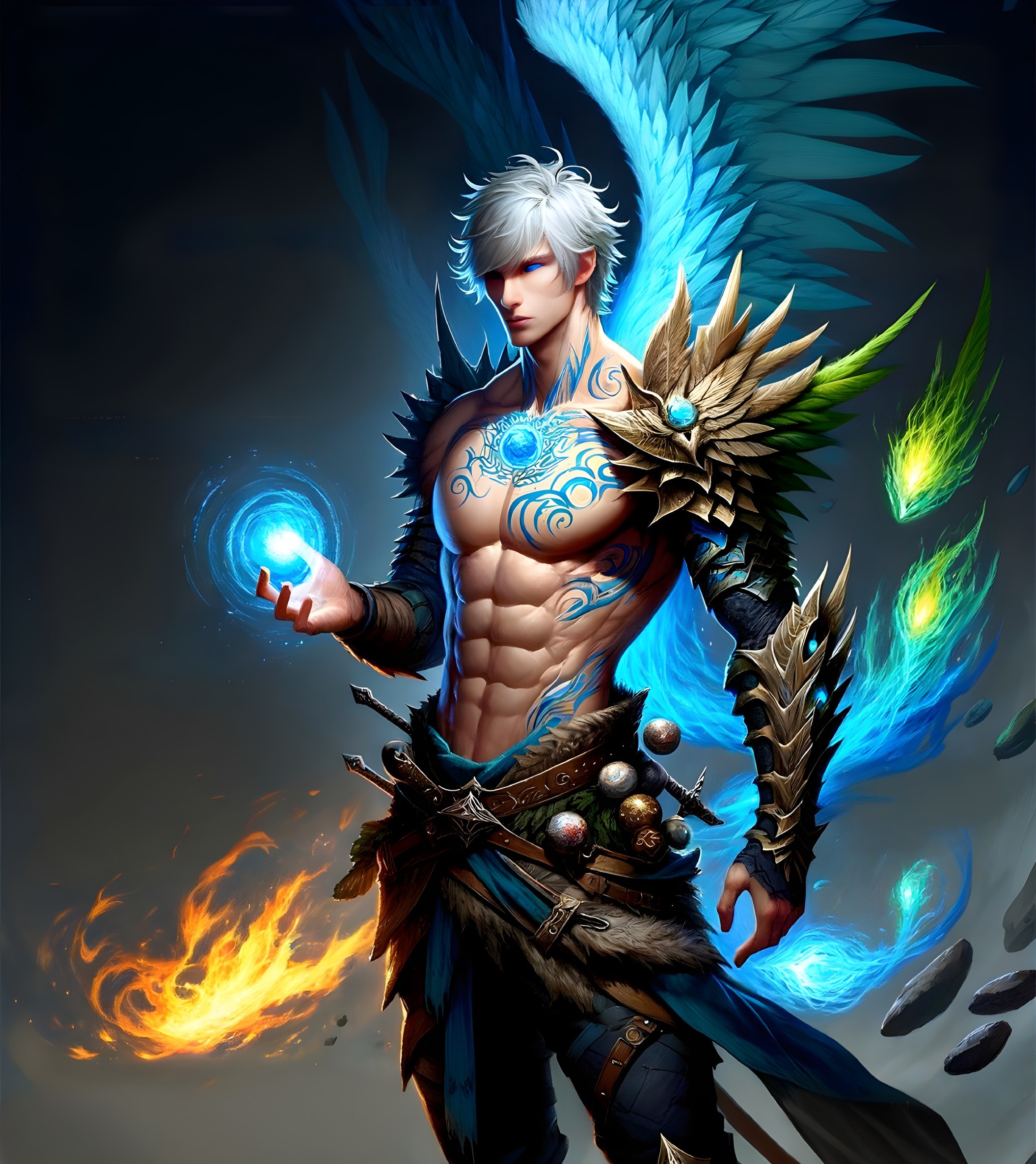 Muscular Warrior with White Hair and Blue Tattoos