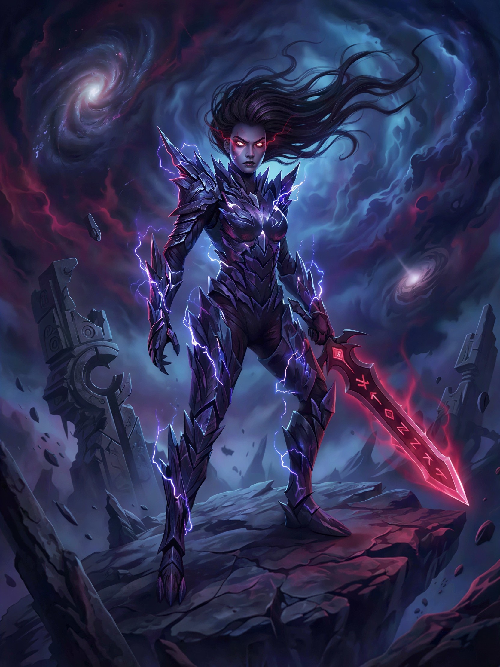 Dark Fantasy Warrior in Cosmic Nebula Setting