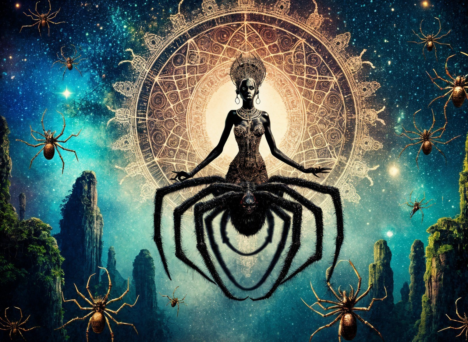 Mystical Figure Merging with Spider in Cosmic Scene