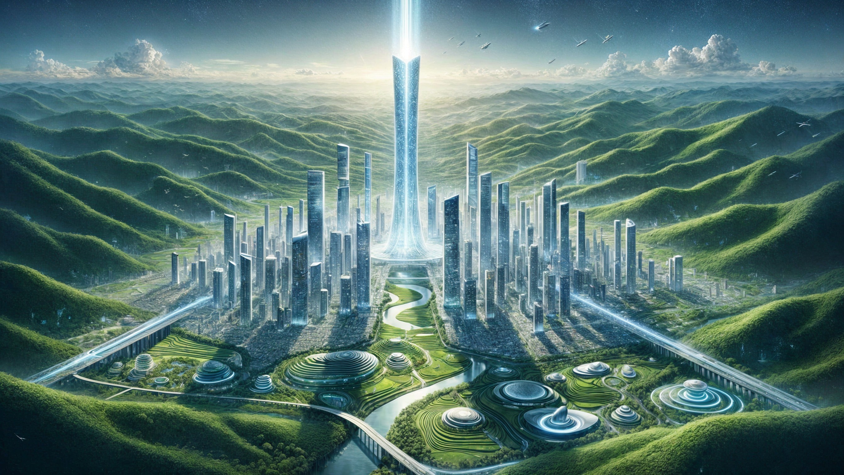 Futuristic Cityscape with Skyscrapers and Nature