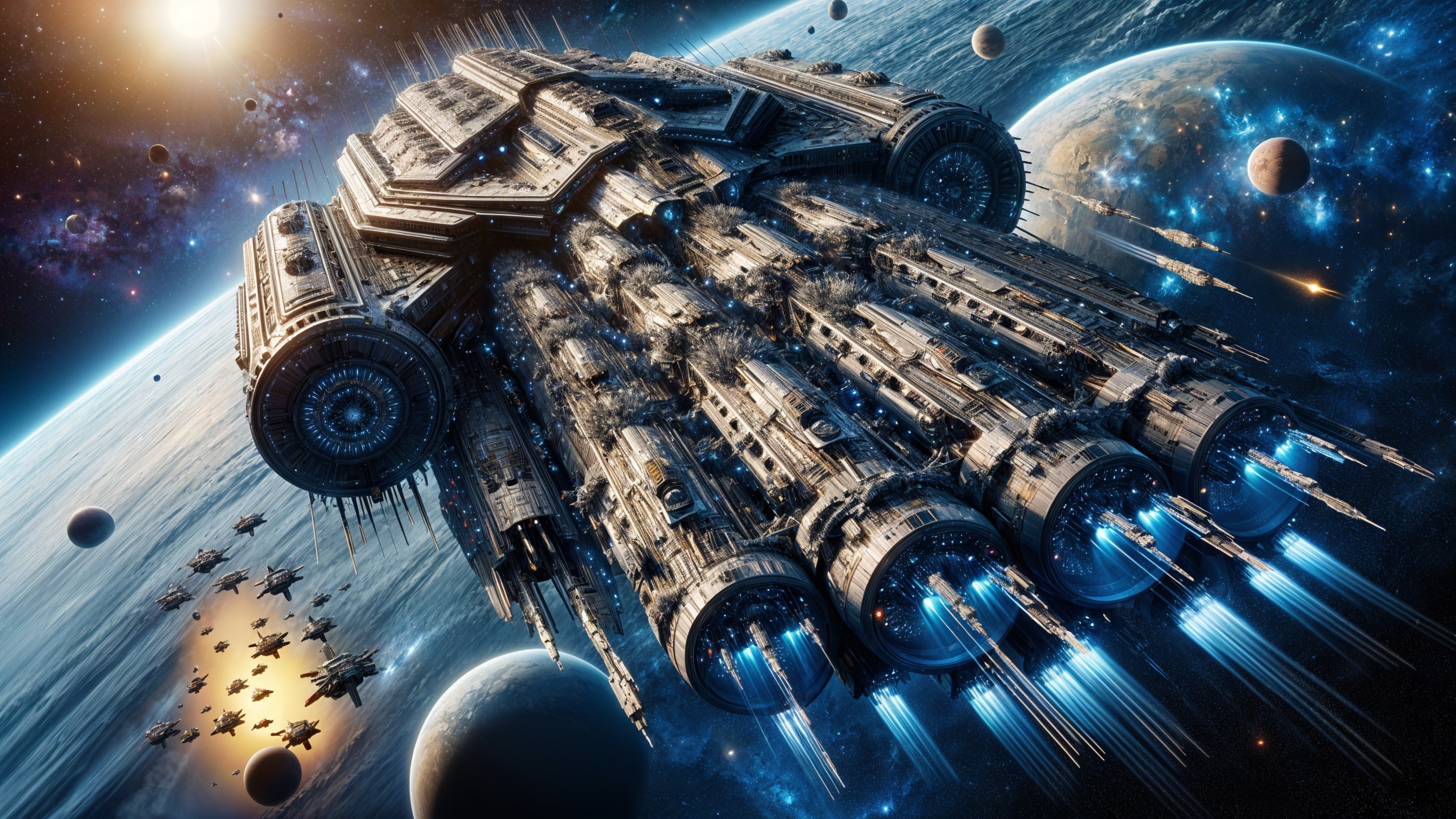 Massive Sci-Fi Spaceship with Vibrant Propulsion Flames