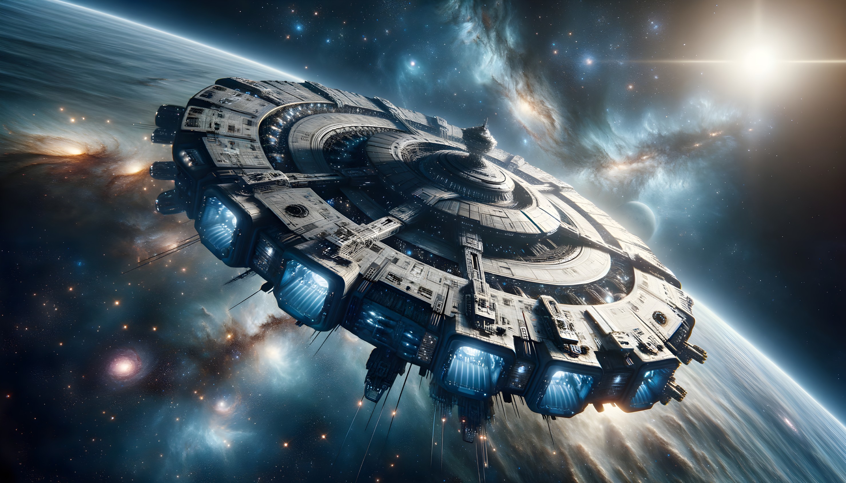 Futuristic spaceship in deep space with glowing engines