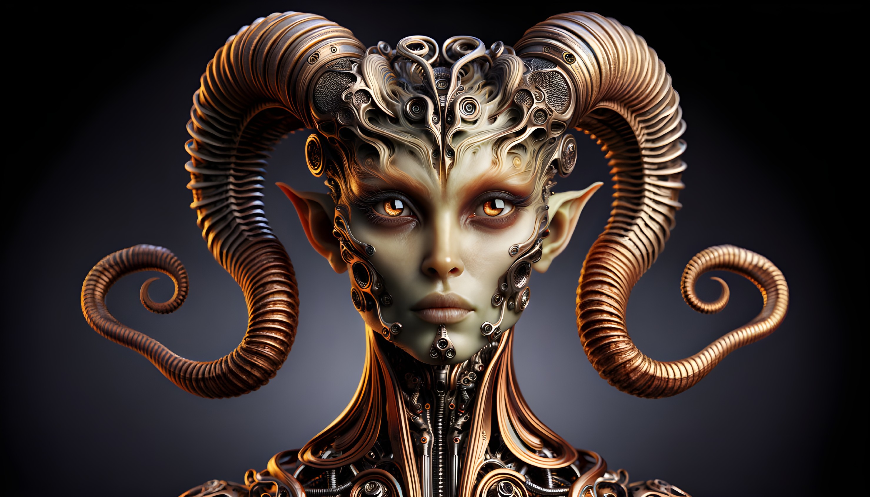 Digital Artwork of Female Figure with Metallic Horns