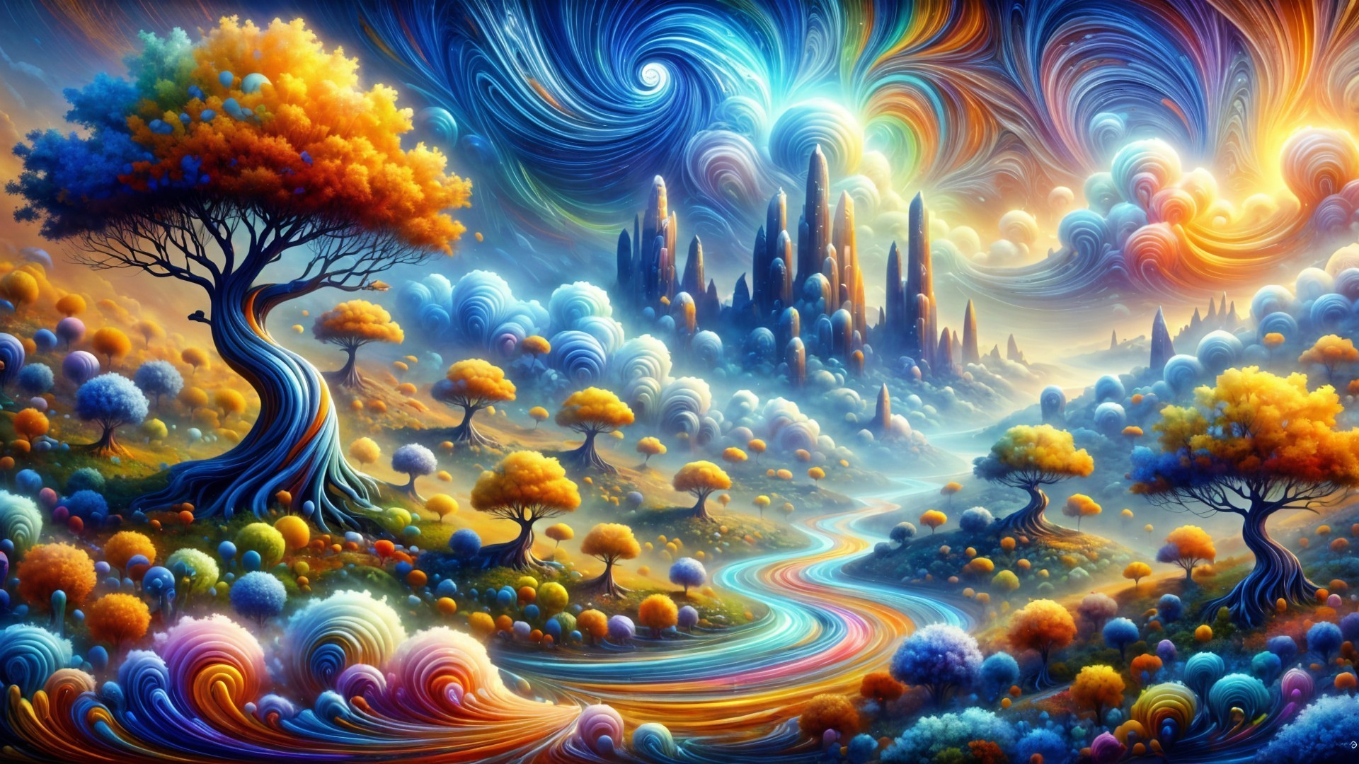 Vibrant Surreal Landscape with Colorful Patterns
