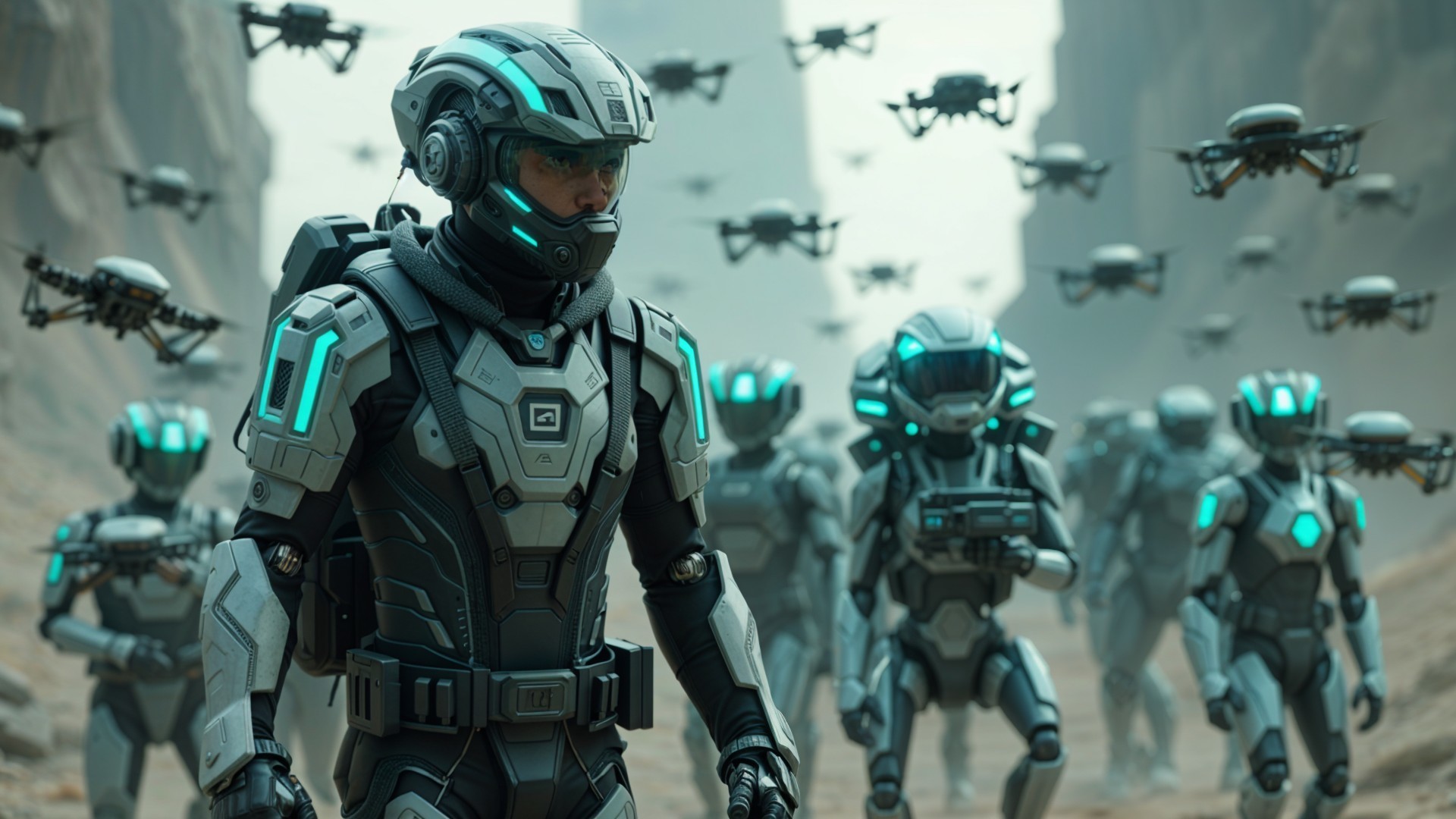 Armored Soldiers with Drones in Futuristic Landscape