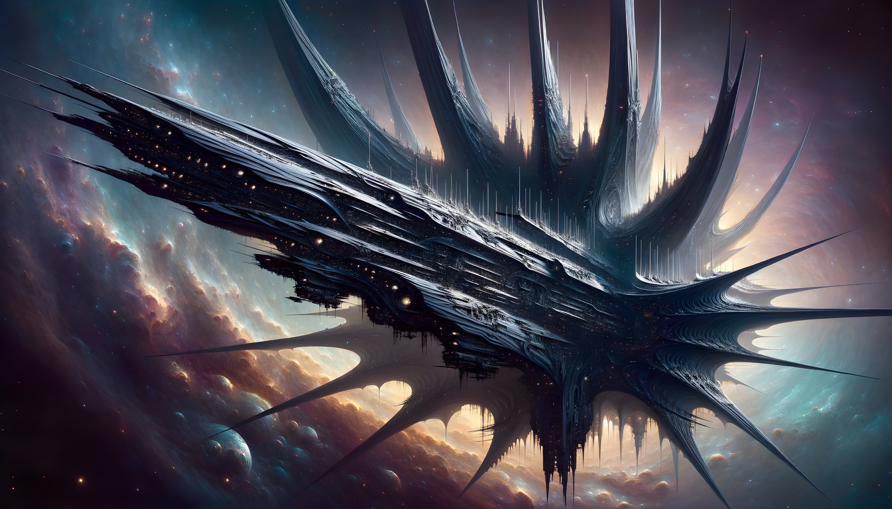 Gigantic spaceship with wing-like extensions in cosmic nebula