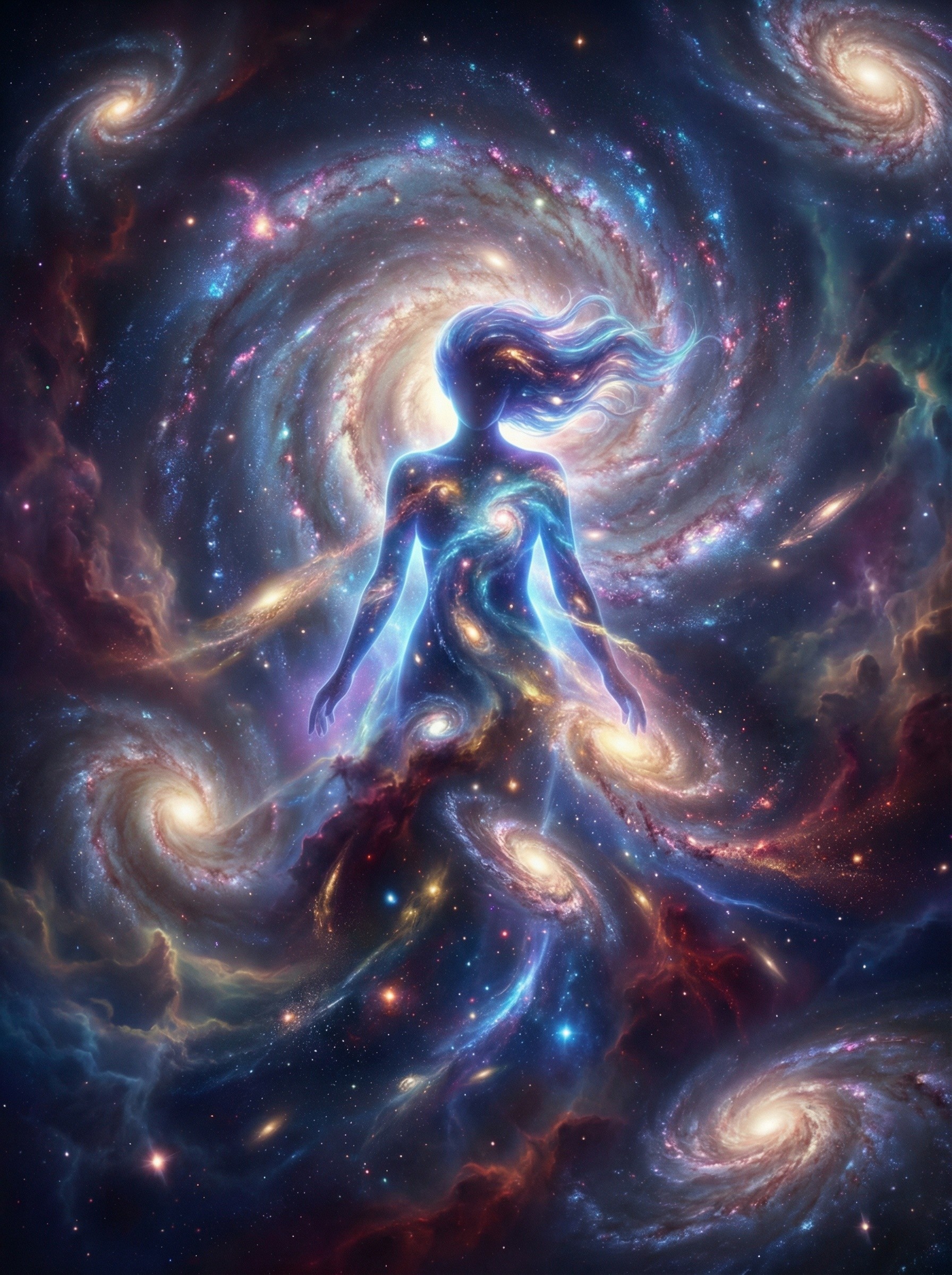 Digital Painting of a Goddess in Cosmic Nebula Background