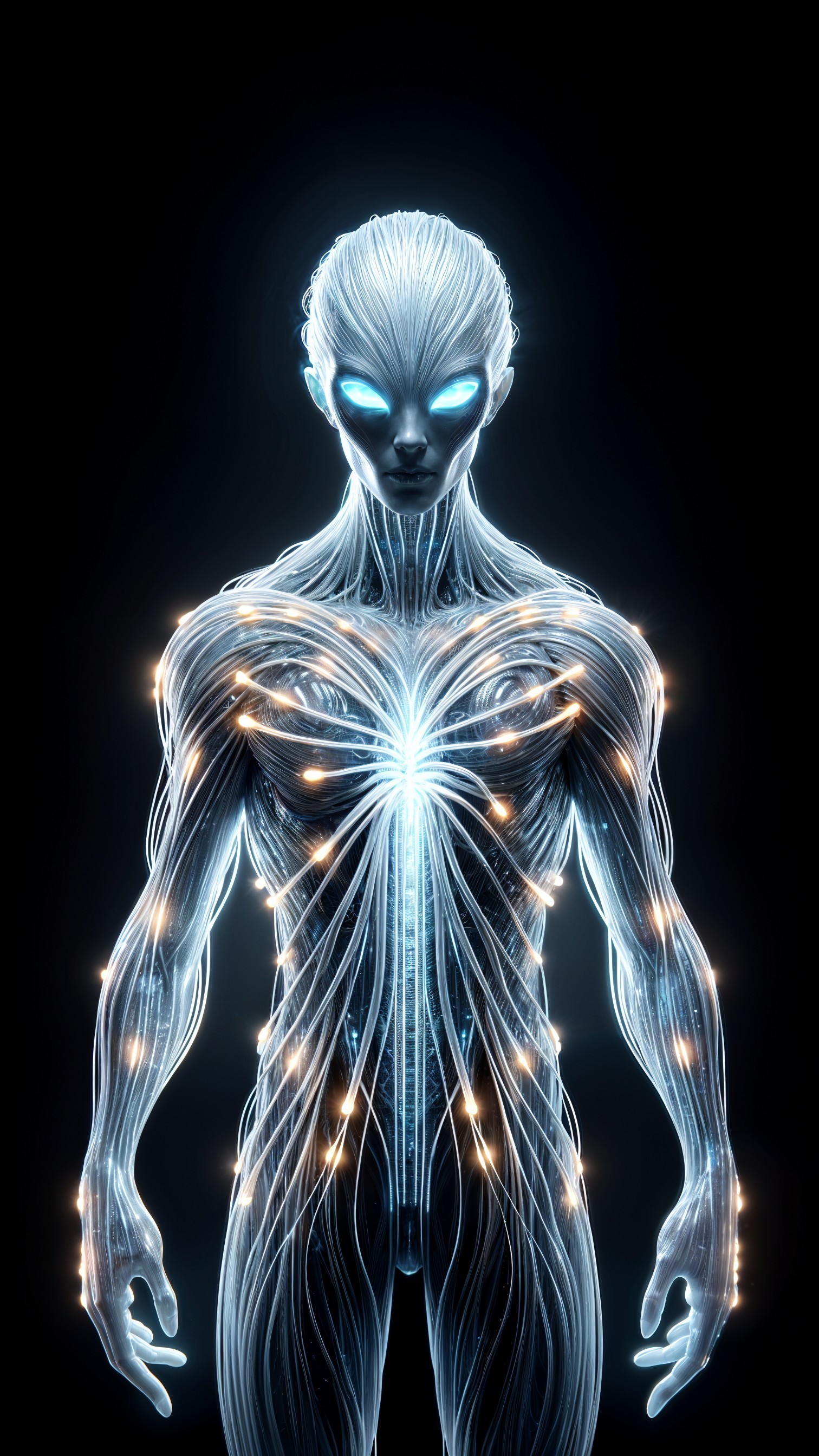 Stylized Humanoid Figure with Glowing Energy Lines