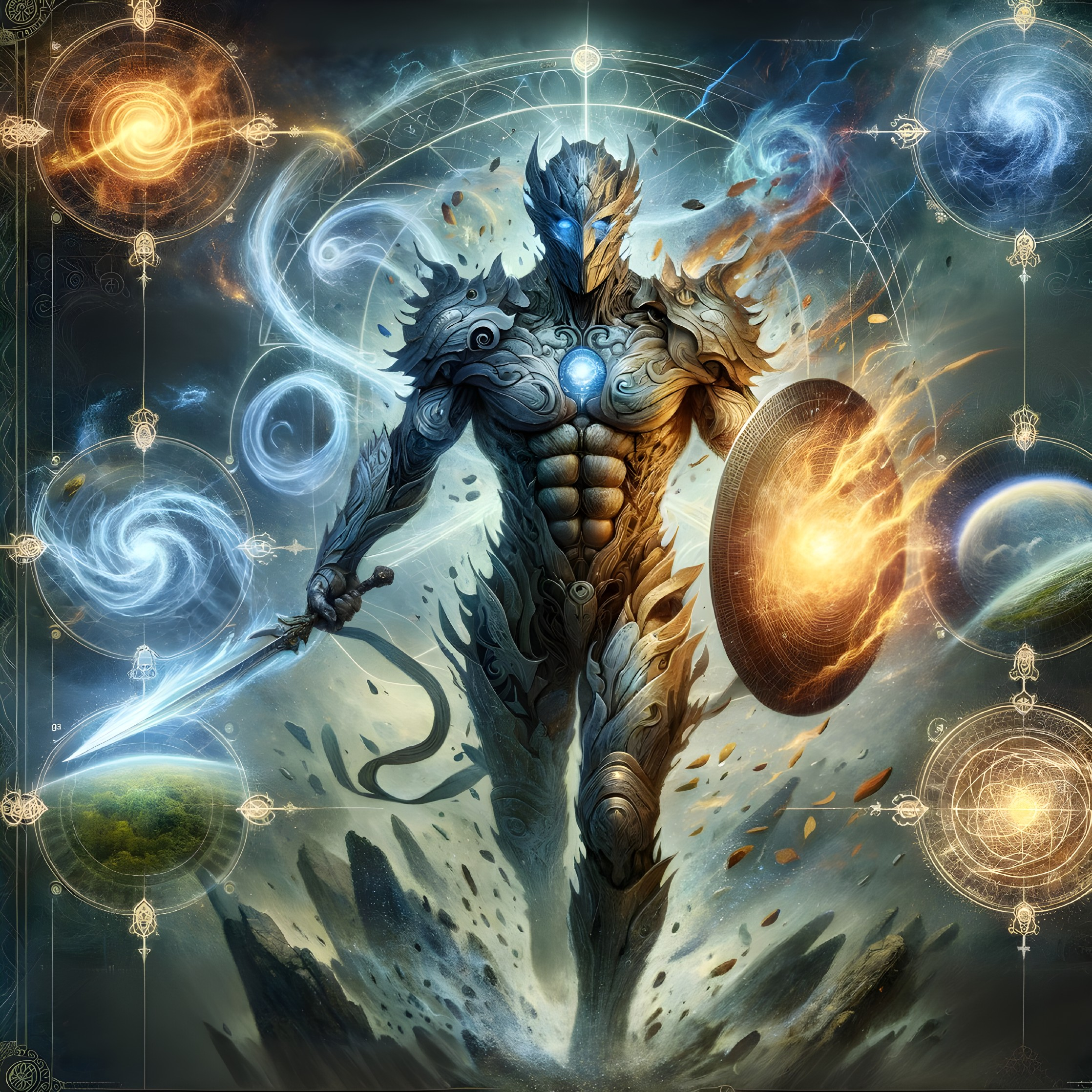 Warrior in Glowing Armor Amidst Cosmic Battle Scene