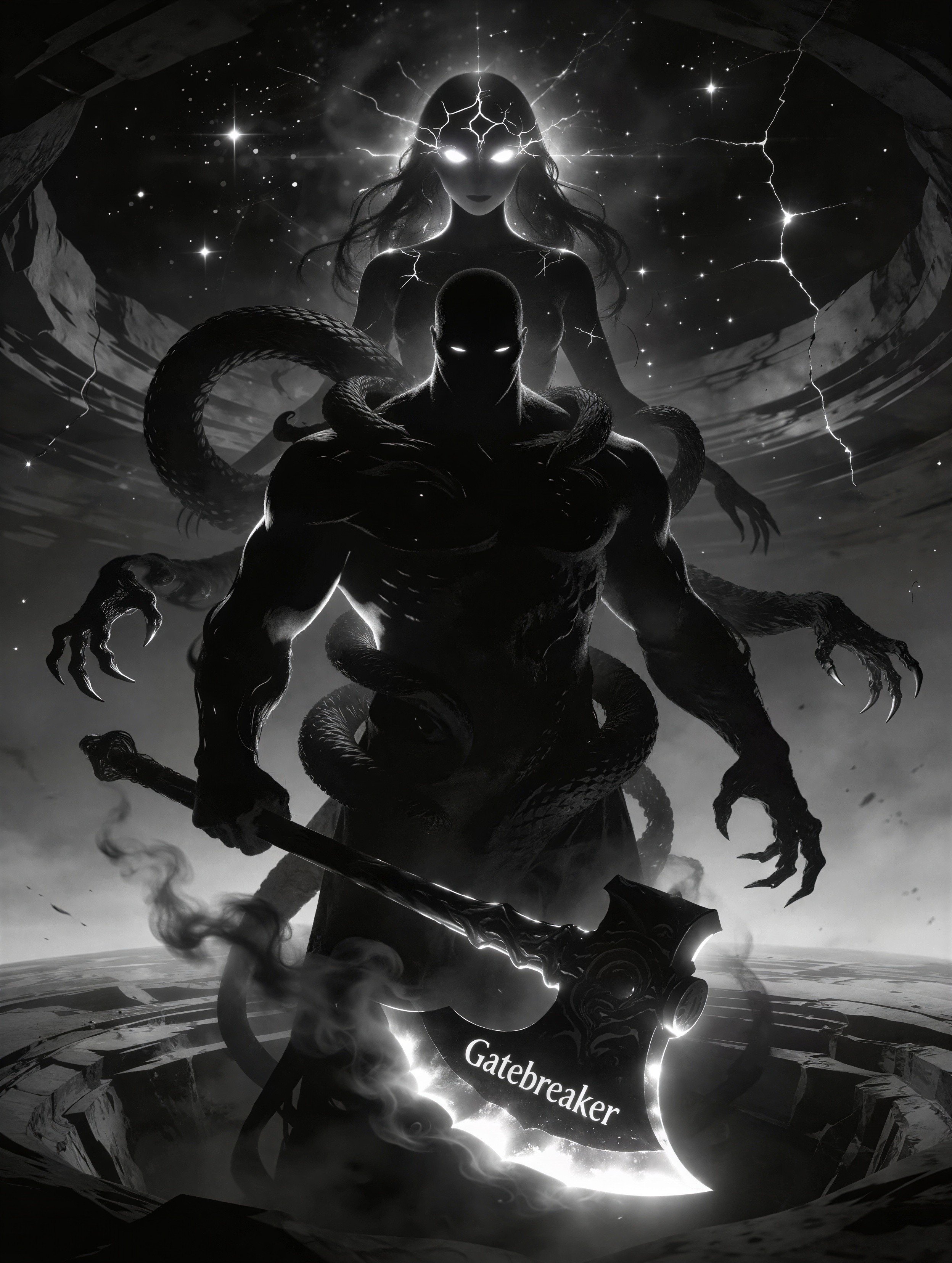 Grayscale Fantasy Art of a Dark Warrior with Axe