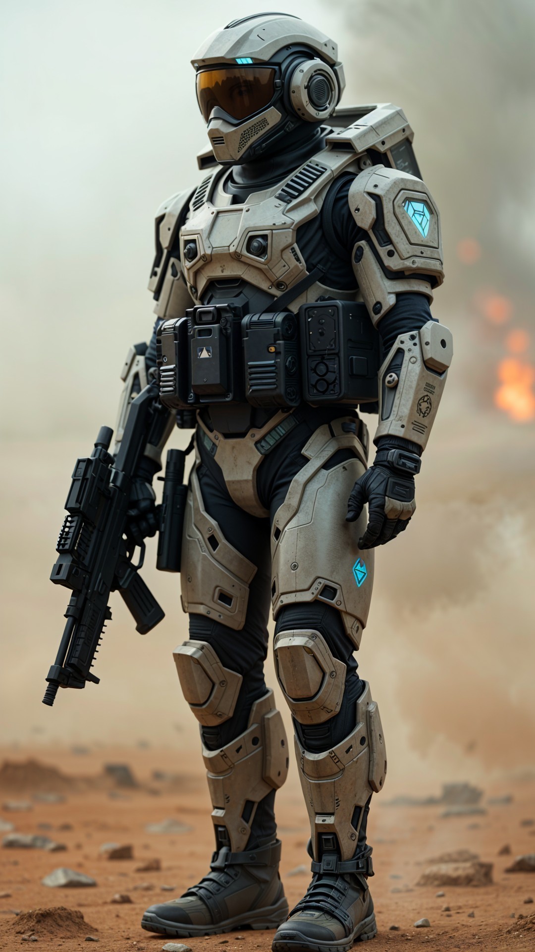 Futuristic soldier in armored exosuit in arid landscape