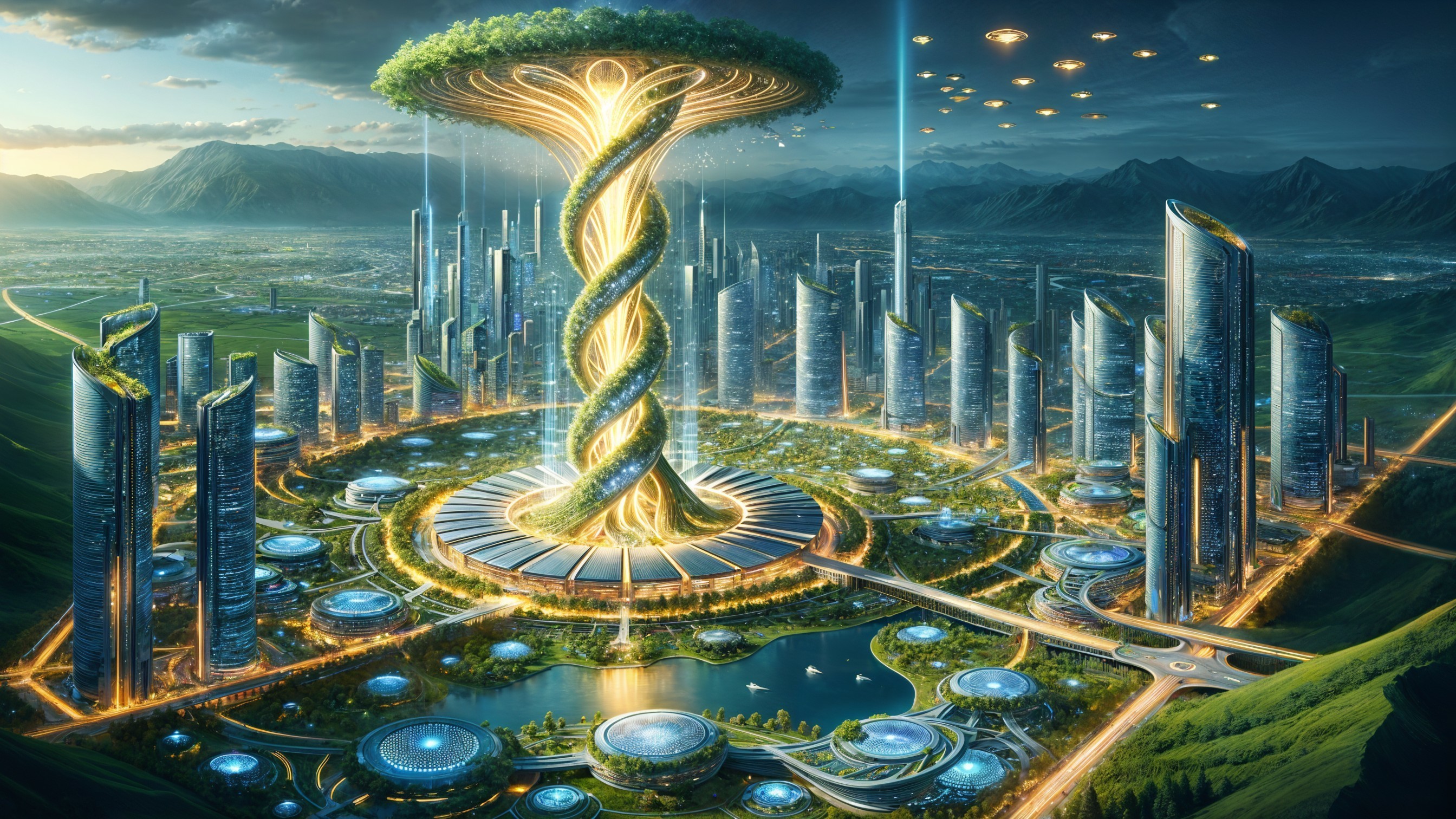 Futuristic cityscape with organic skyscrapers and nature