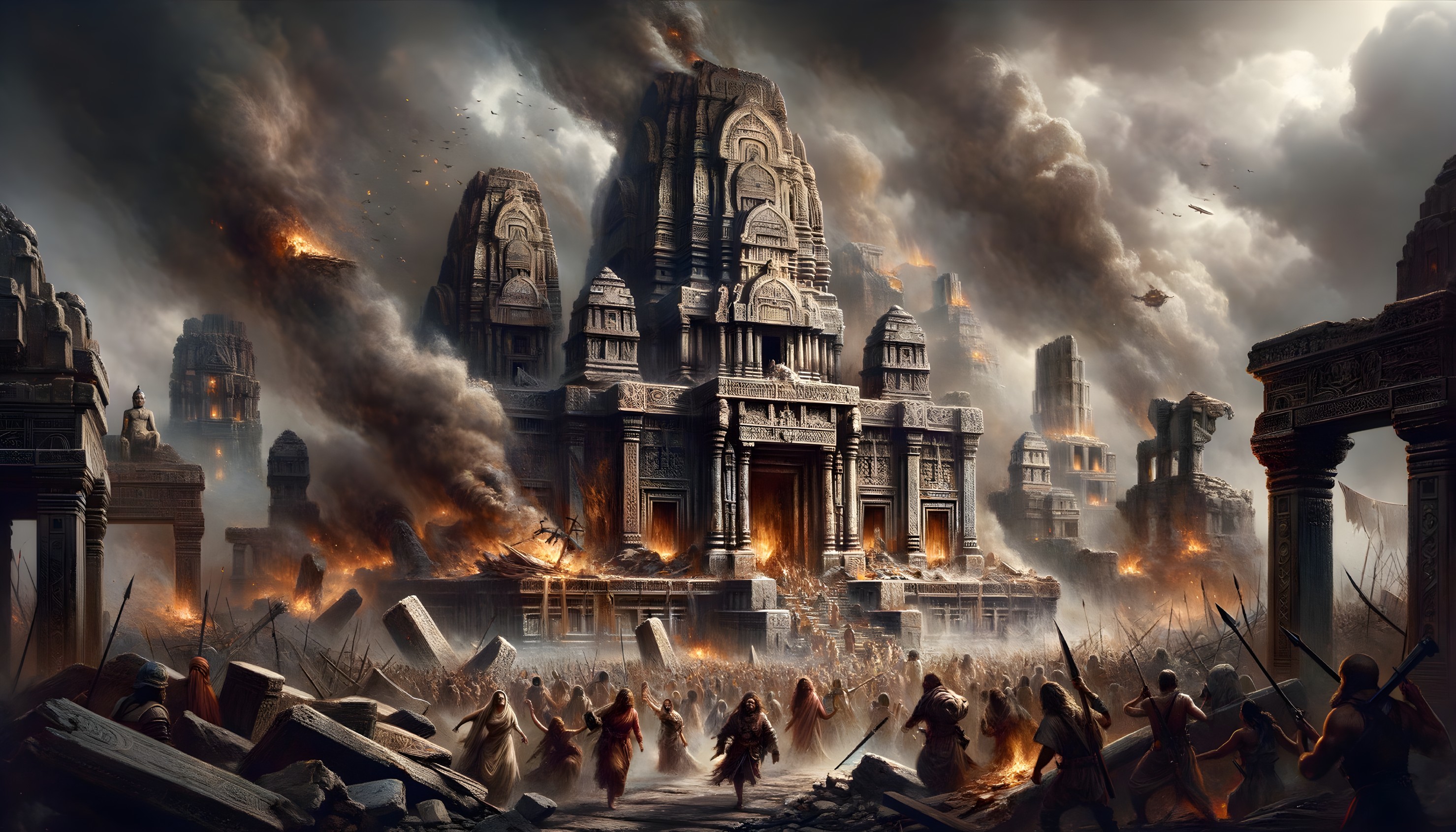 Dramatic Battle Scene Among Ancient Temple Ruins