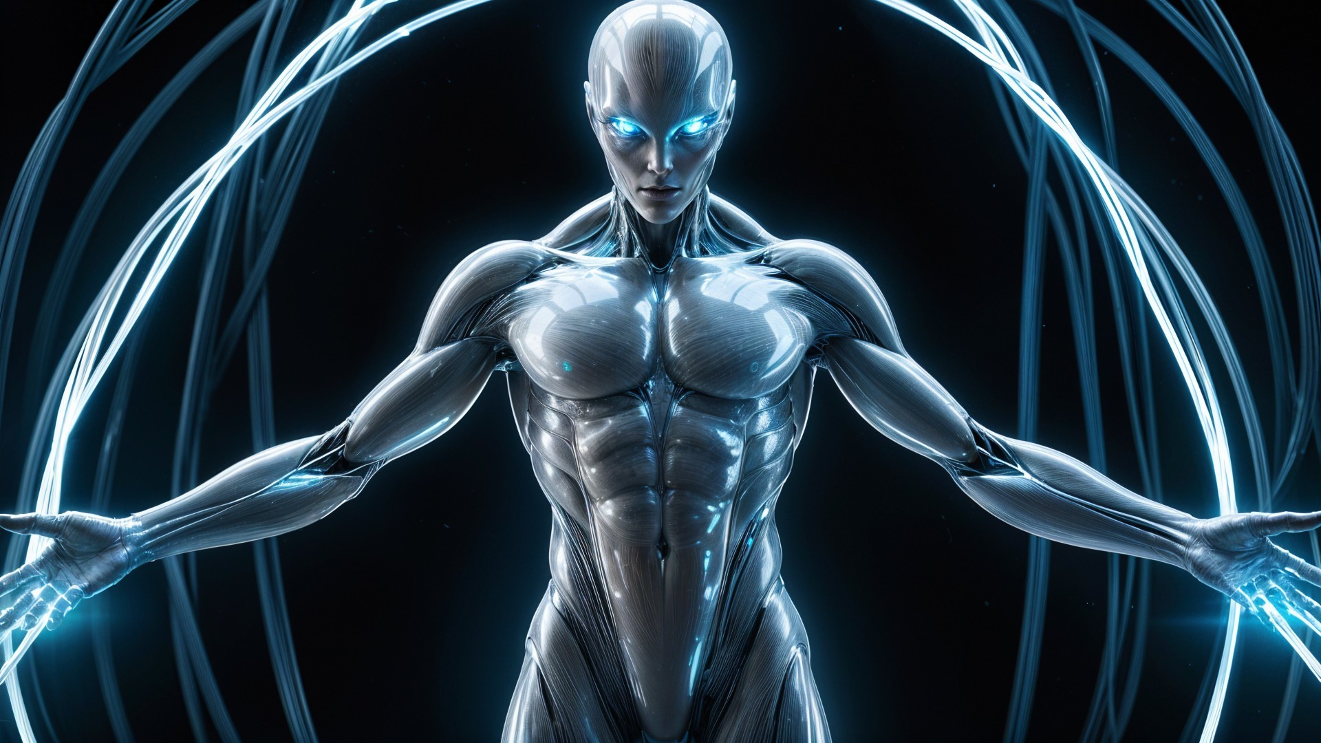 Futuristic humanoid figure with glowing blue aura