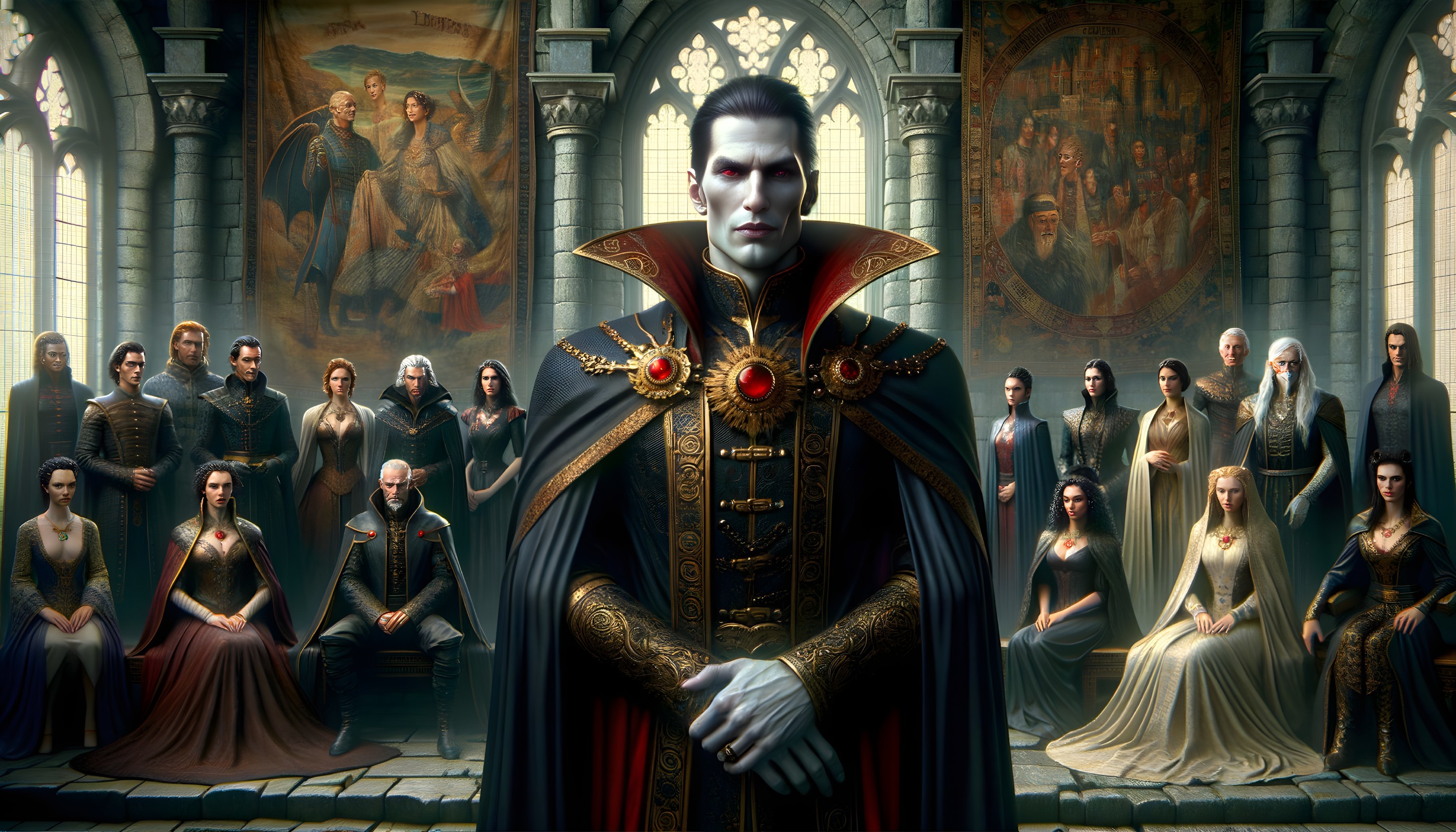 Gothic cathedral scene with regal vampire and subjects