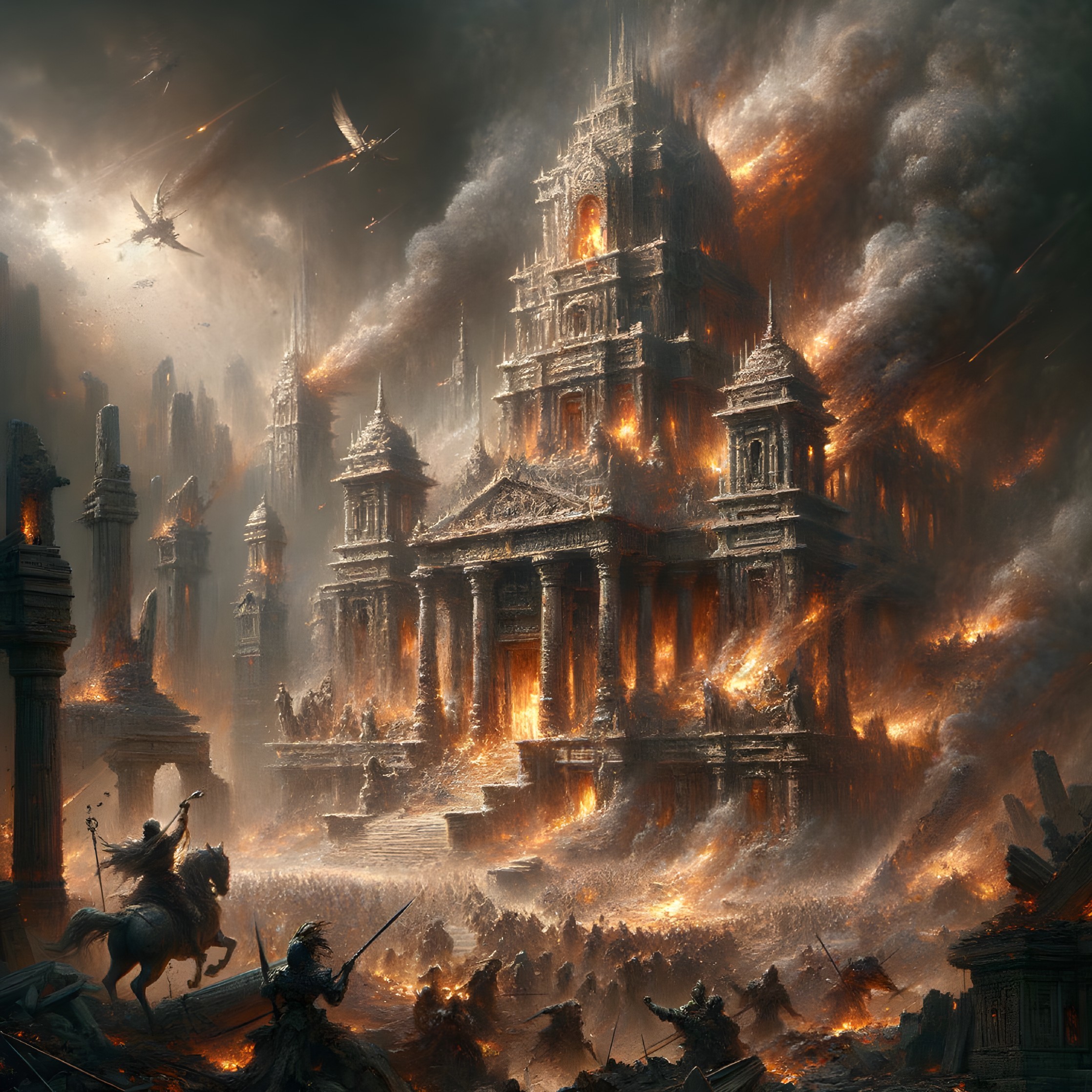 Ancient Temple in Flames Amidst Chaotic Battles