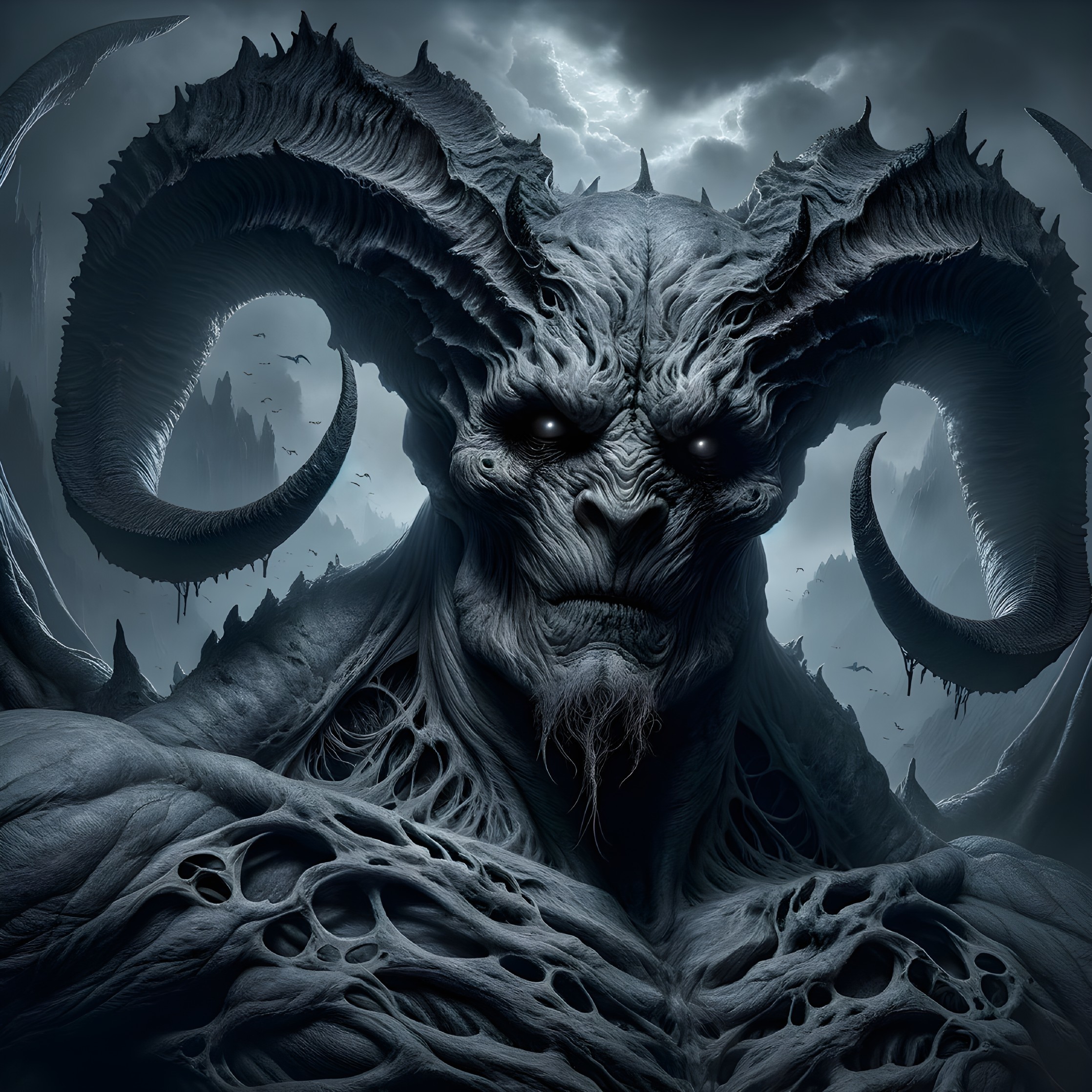 Fearsome Creature with Twisted Horns in Ominous Landscape
