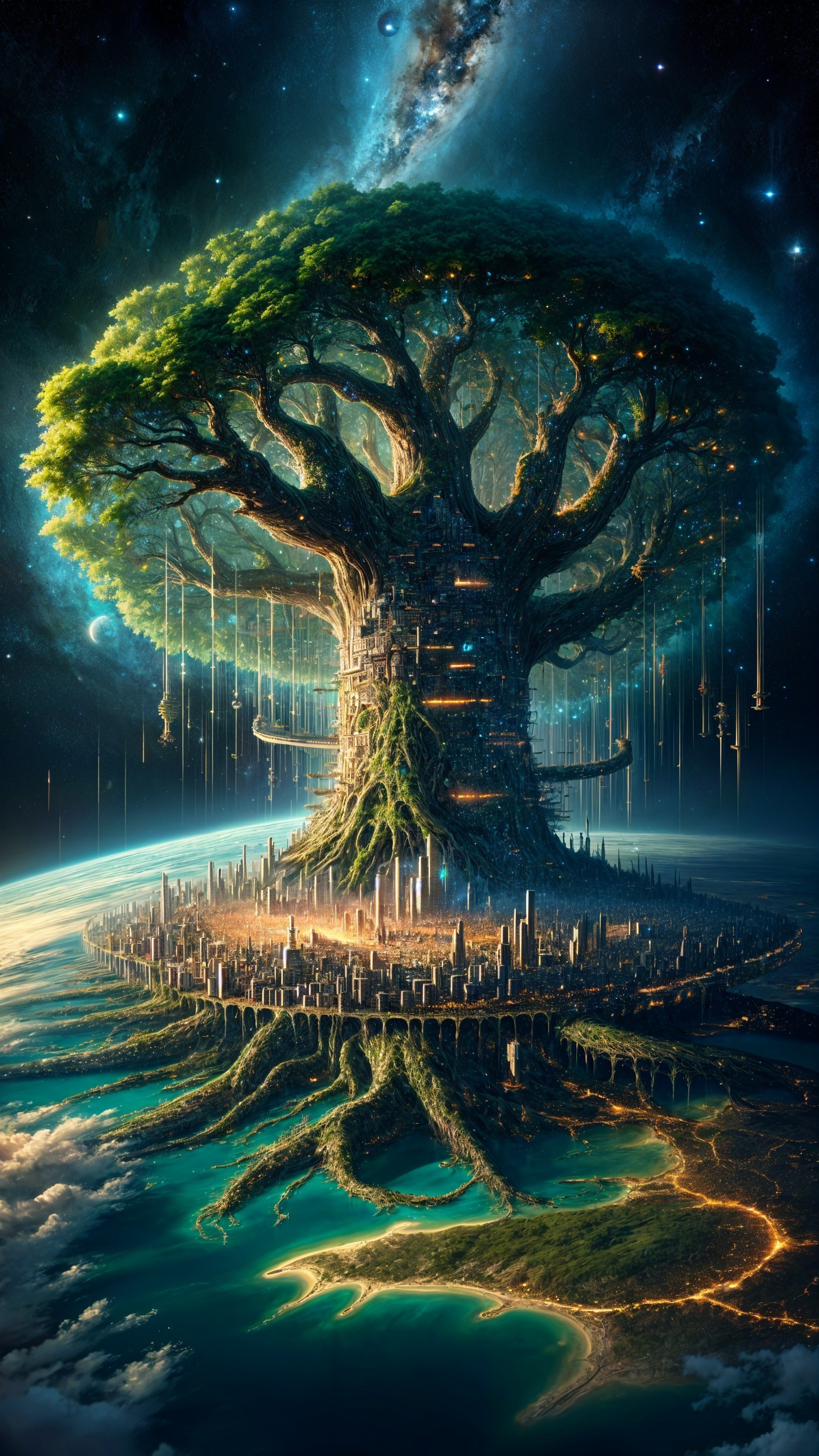 Majestic tree and futuristic city in celestial landscape