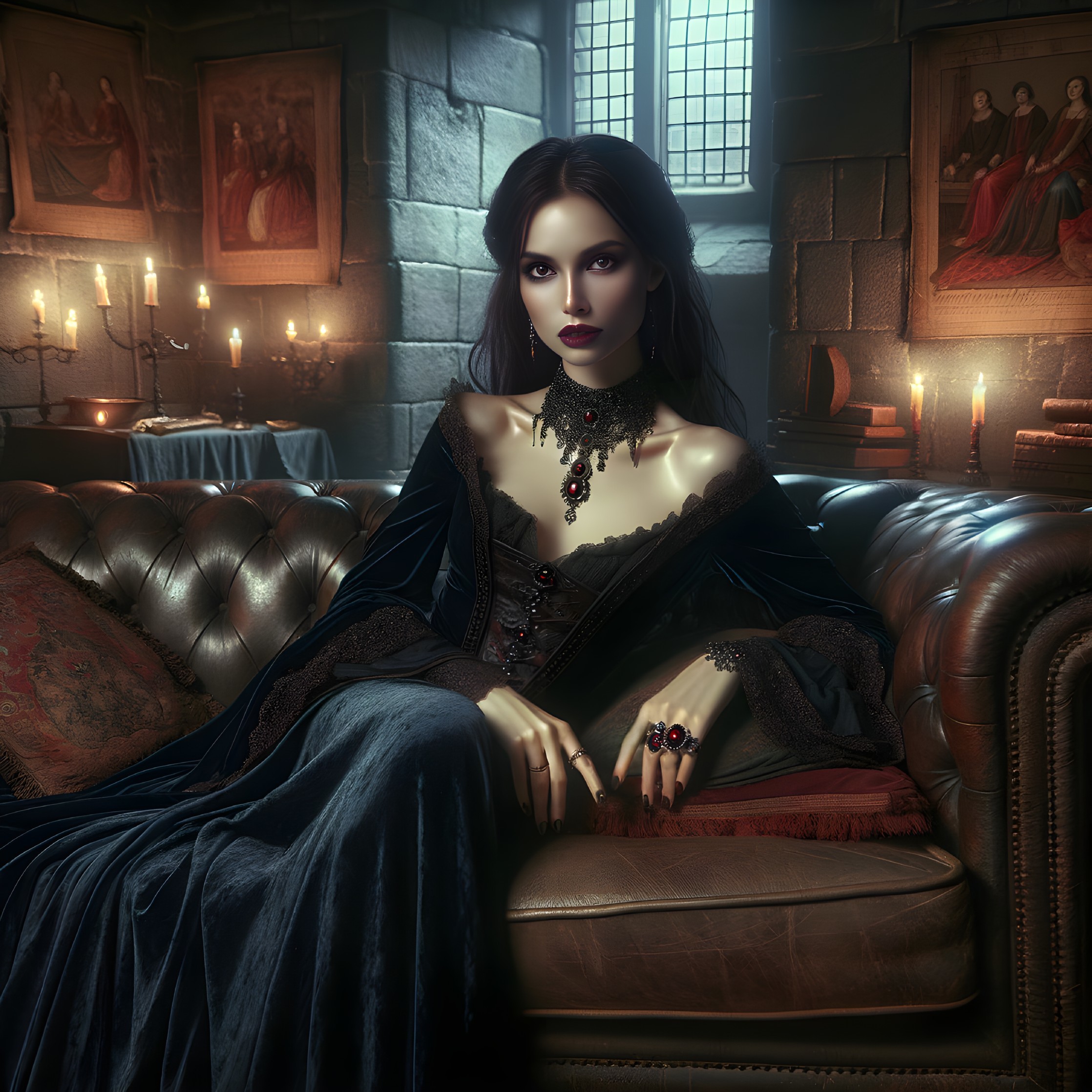 Woman in elegant dress on leather sofa in candlelit, gothic room