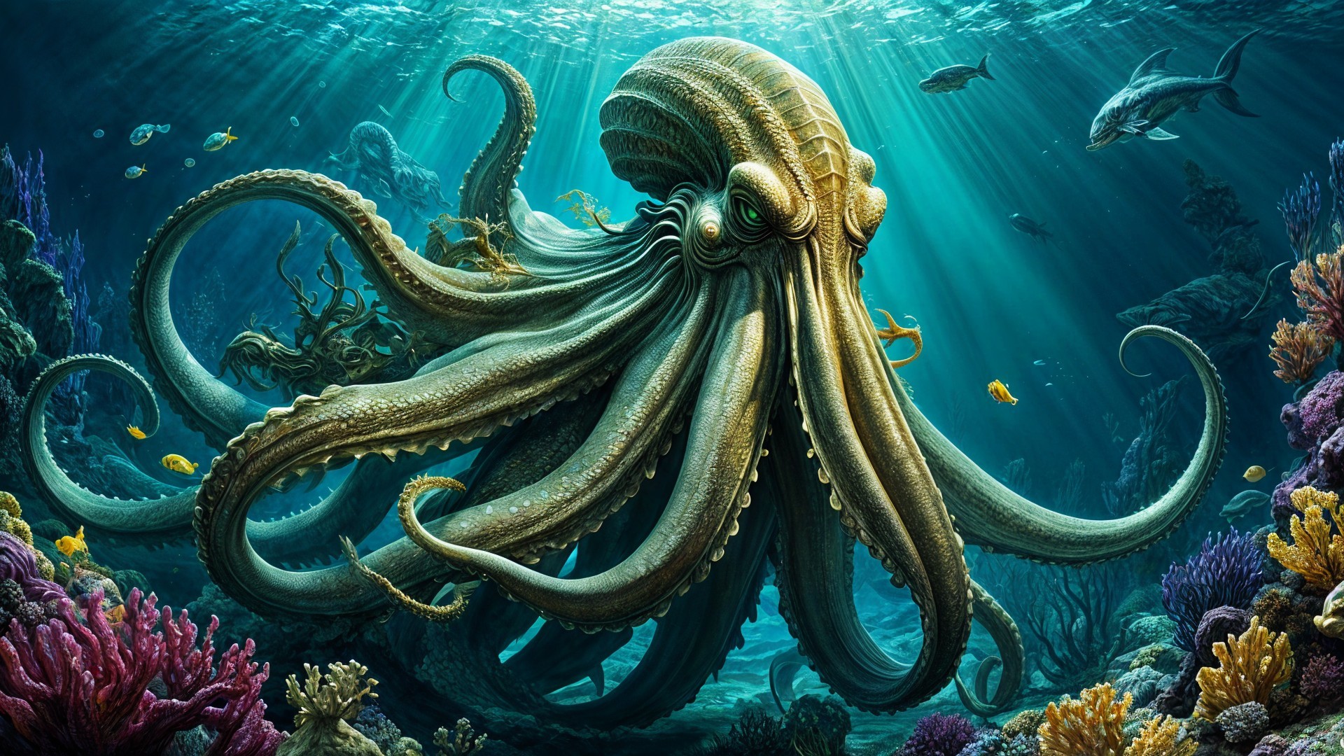 Majestic octopus in vibrant underwater coral reefs