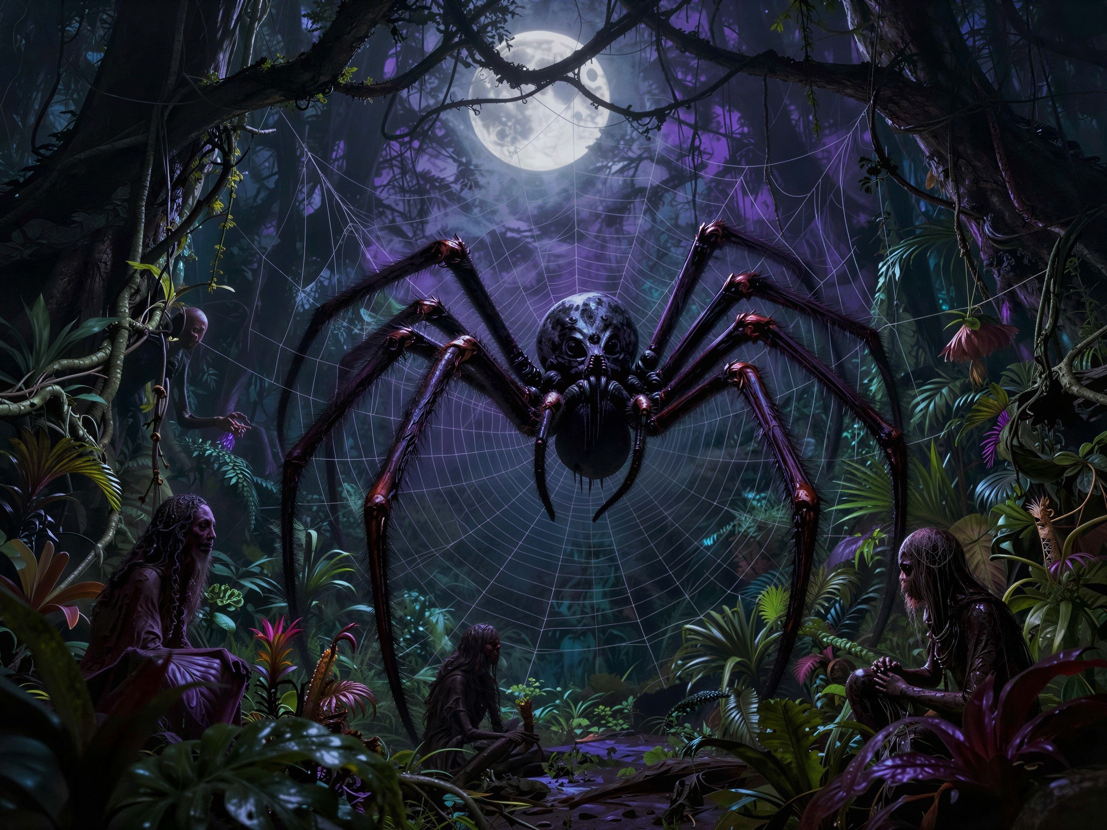 Dark Jungle Scene with Spider and Humanoid Creatures