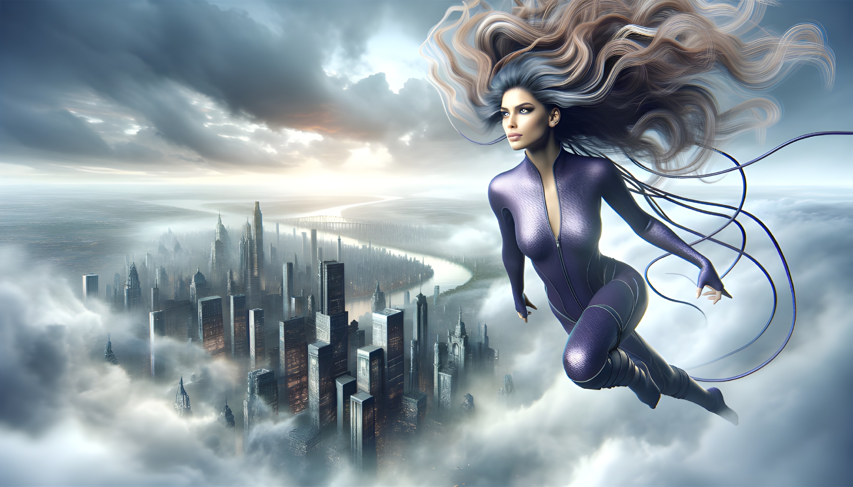 Futuristic Female Figure Overlooking a Cityscape