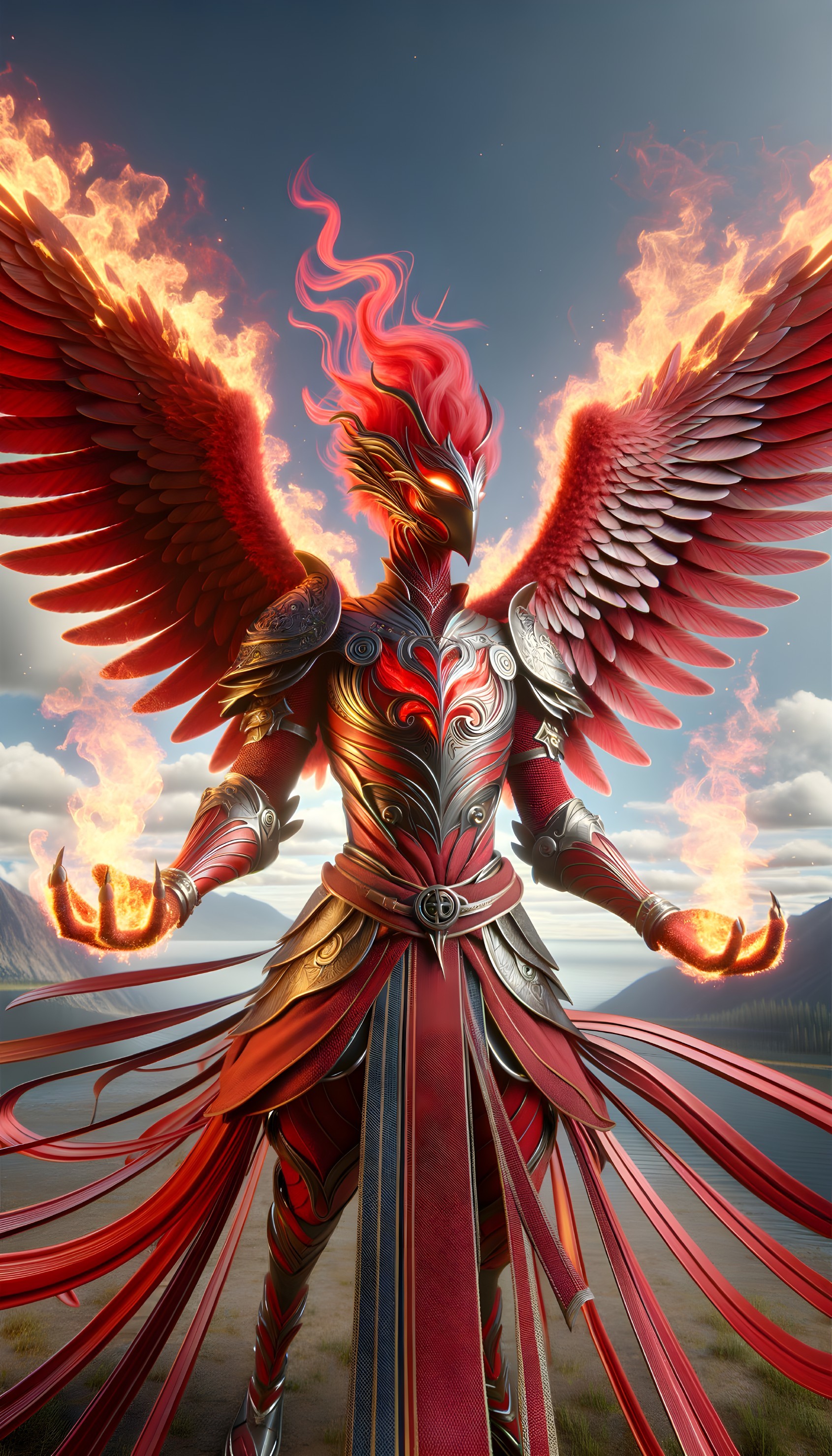Armored Phoenix Figure with Fiery Wings and Landscape