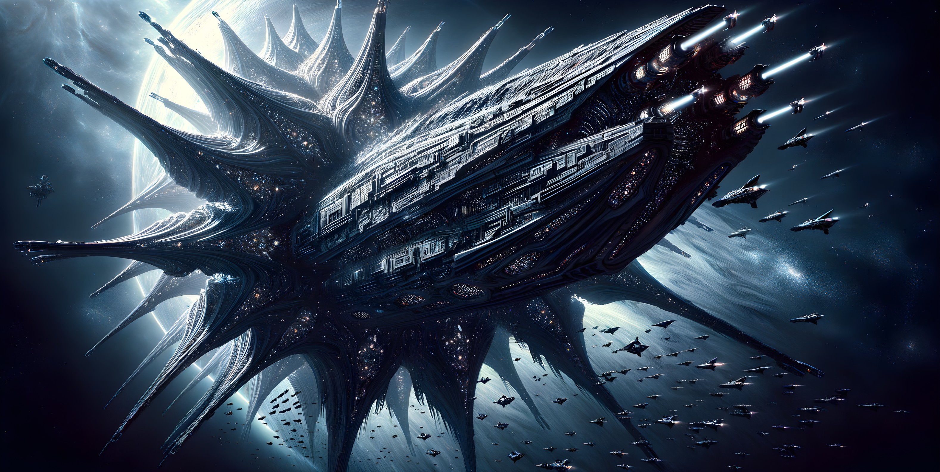 Intricate alien spacecraft surrounded by smaller ships in space