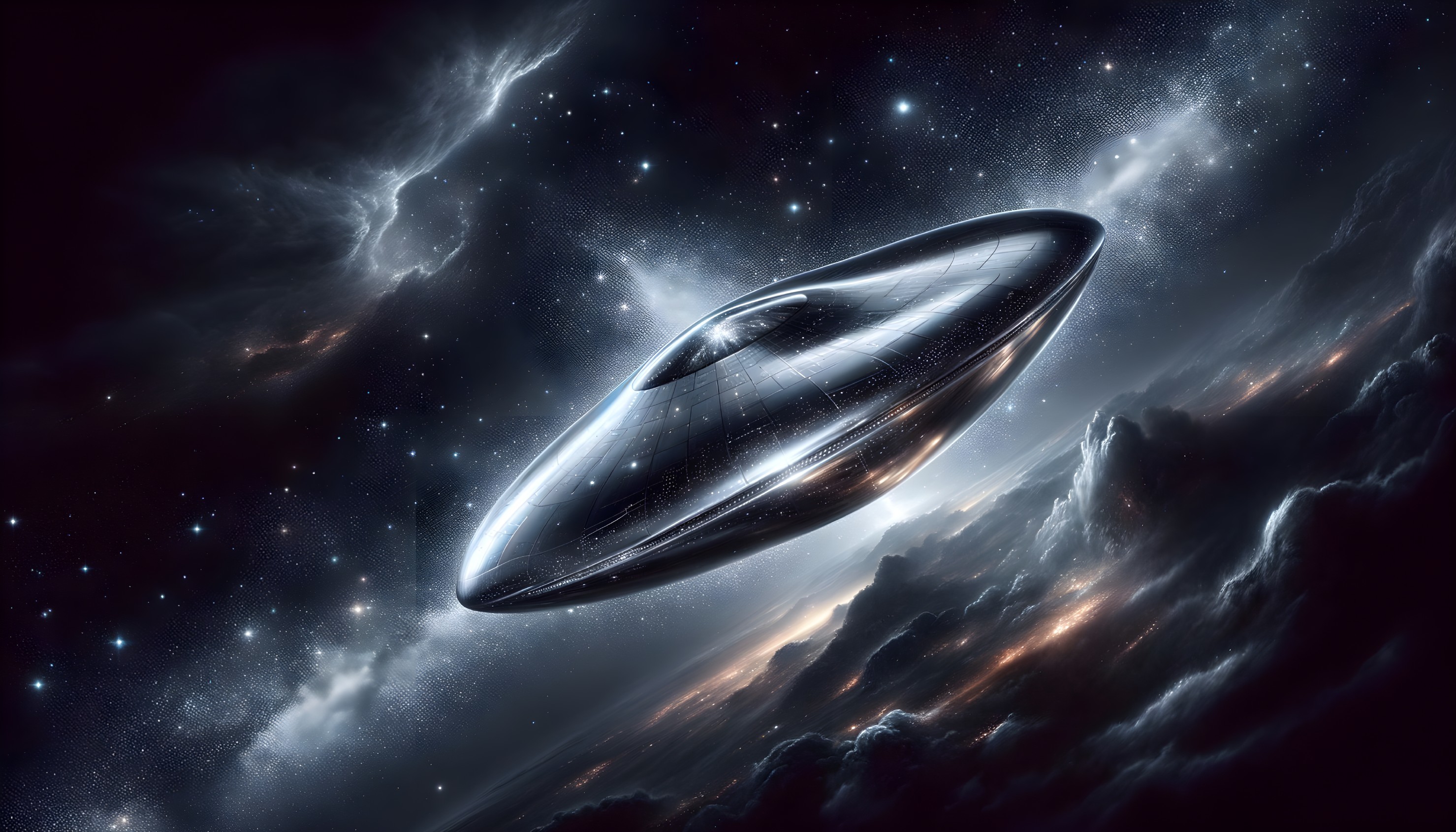 Sleek UFO Hovering in Deep Space with Cosmic Gas