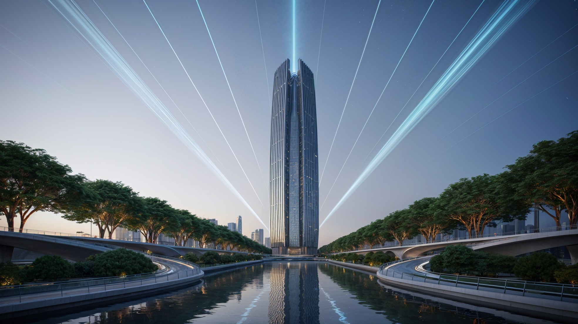 Modern Skyscraper Surrounded by Greenery and Water