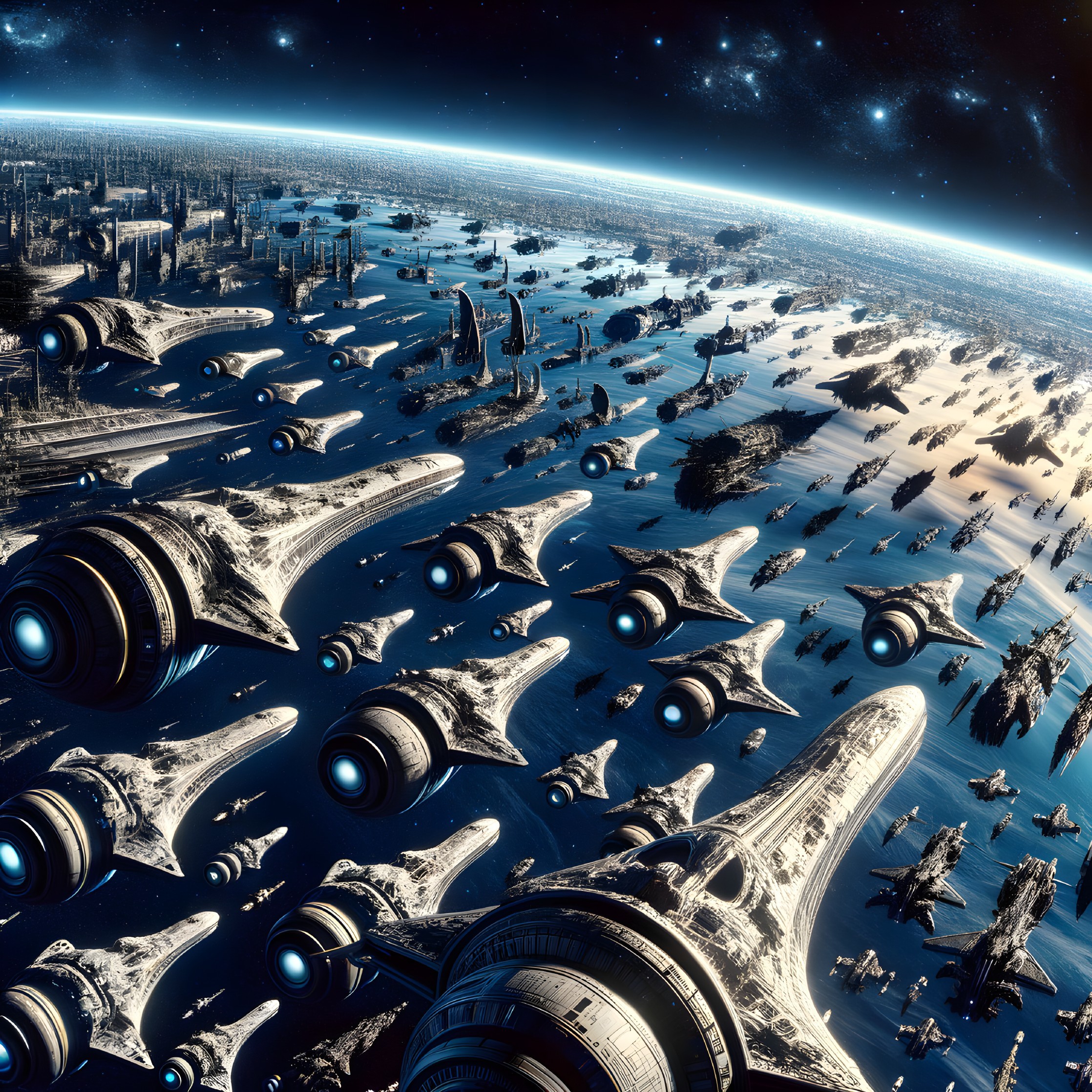Futuristic Spaceships Over Alien Snowy Landscape