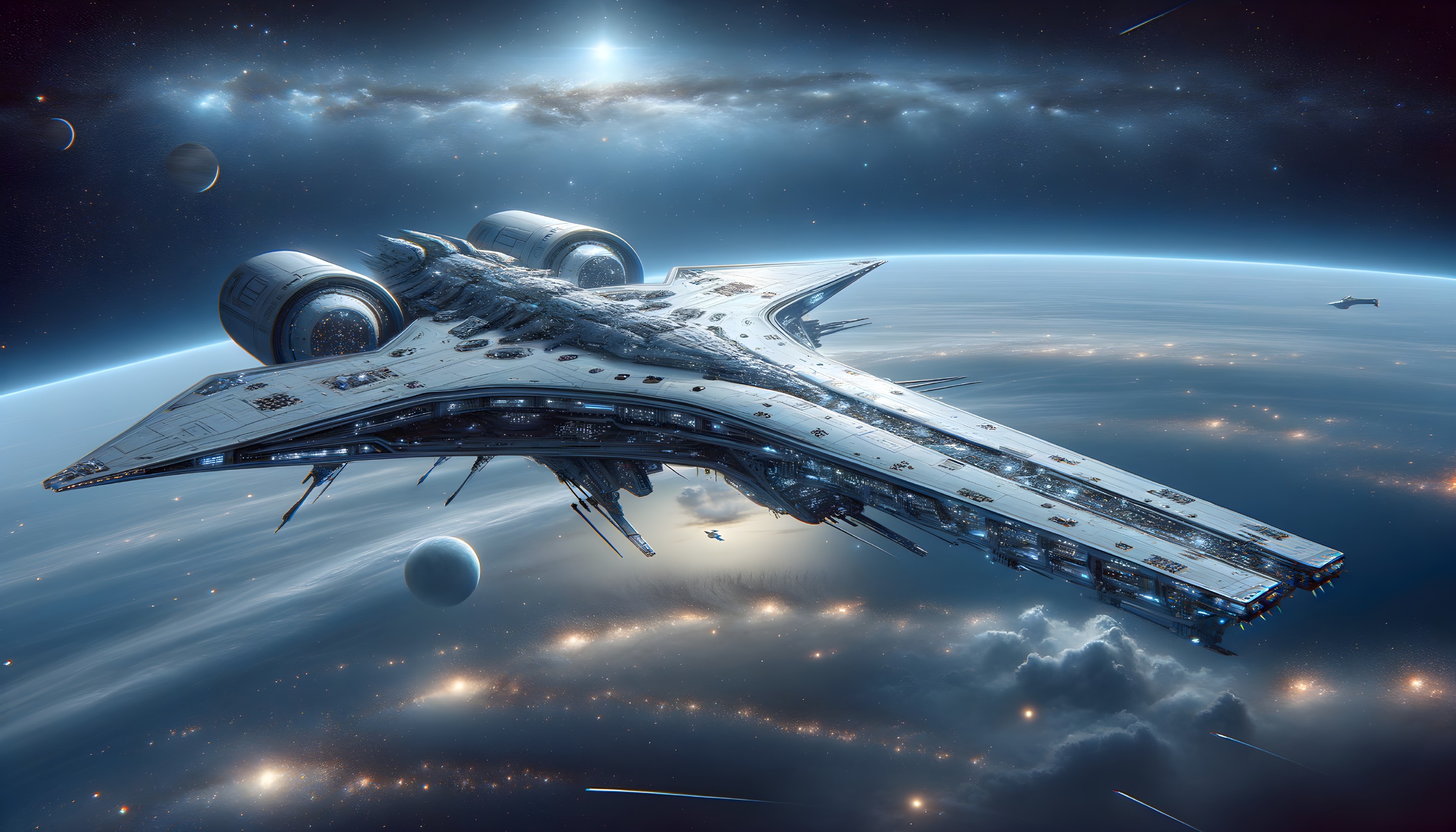 Futuristic spaceship above a vibrant planet with stars