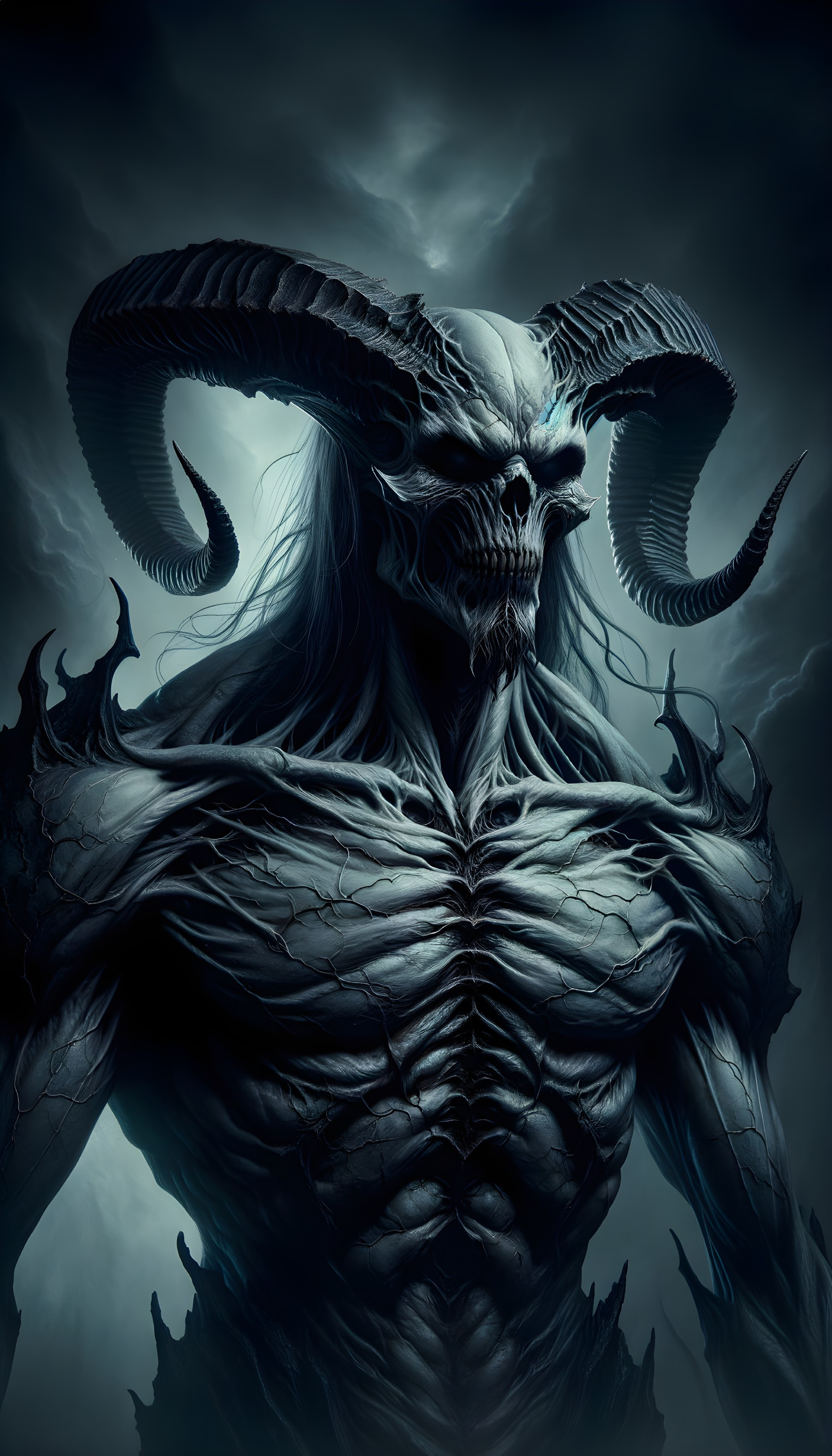 Dark Figure in Mist with Glowing Blue Eyes and Horns